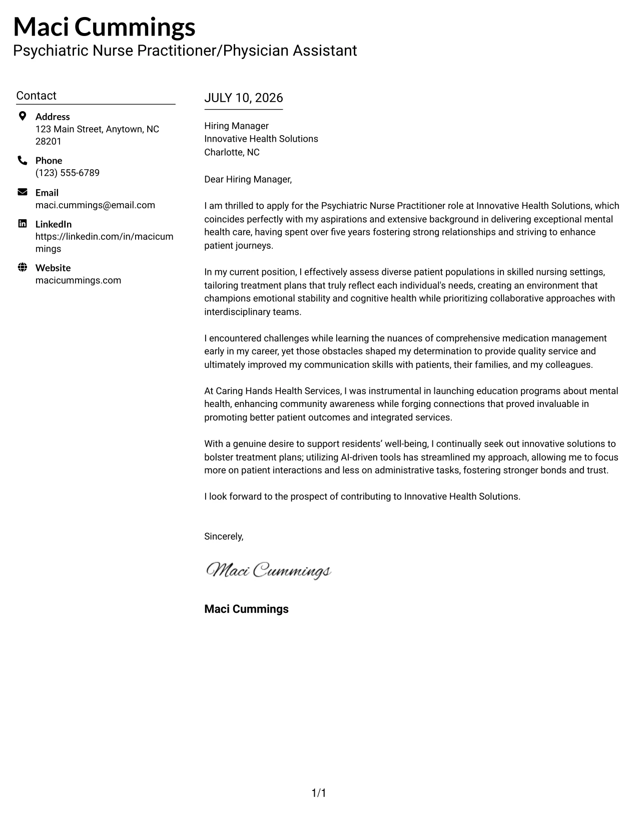 Resume Example Page 1