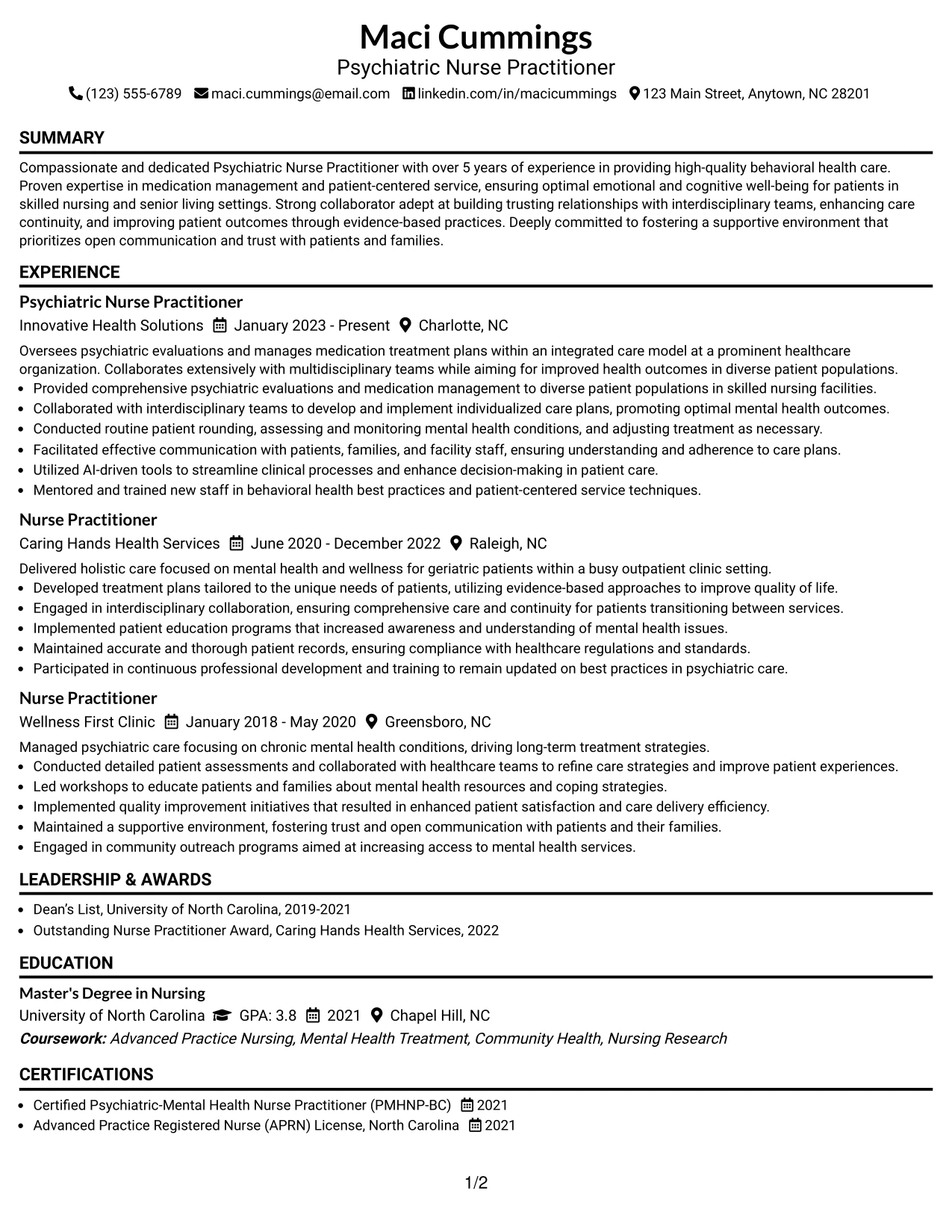Resume Example Page 1