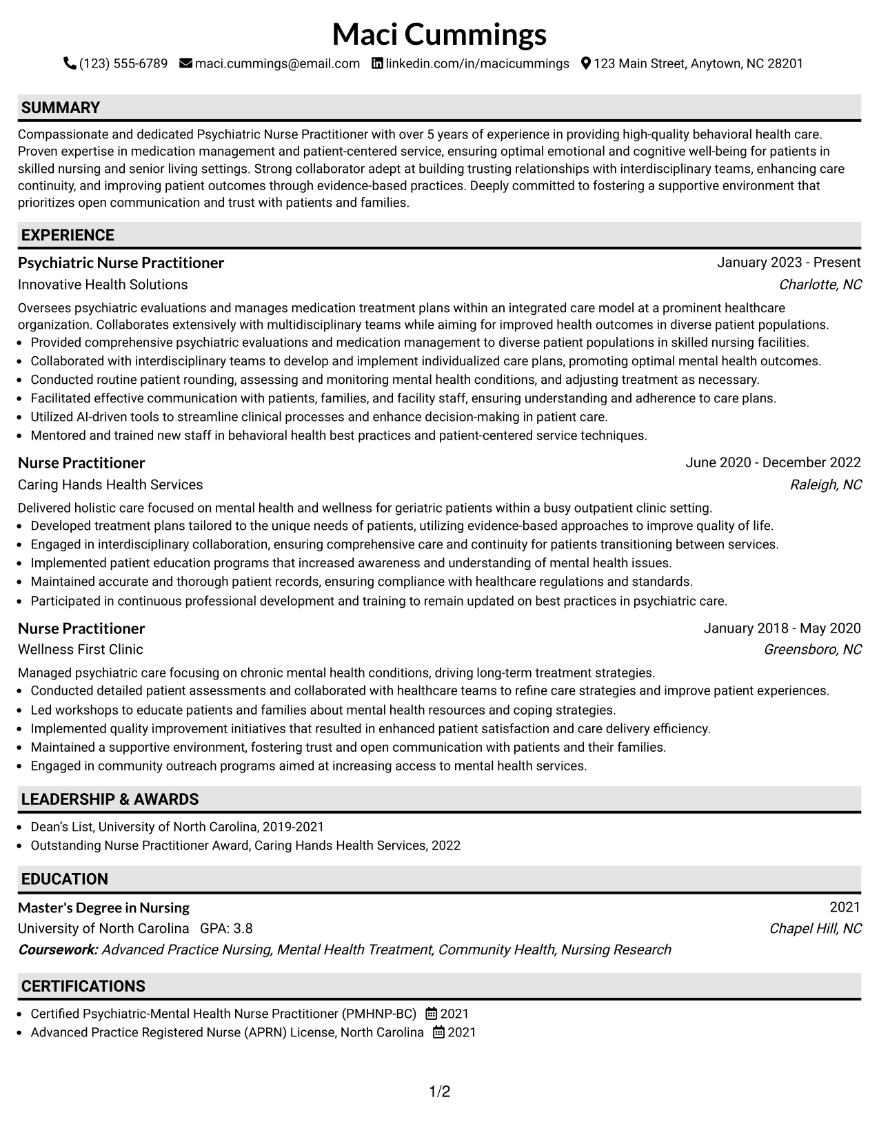 Resume Example Page 1