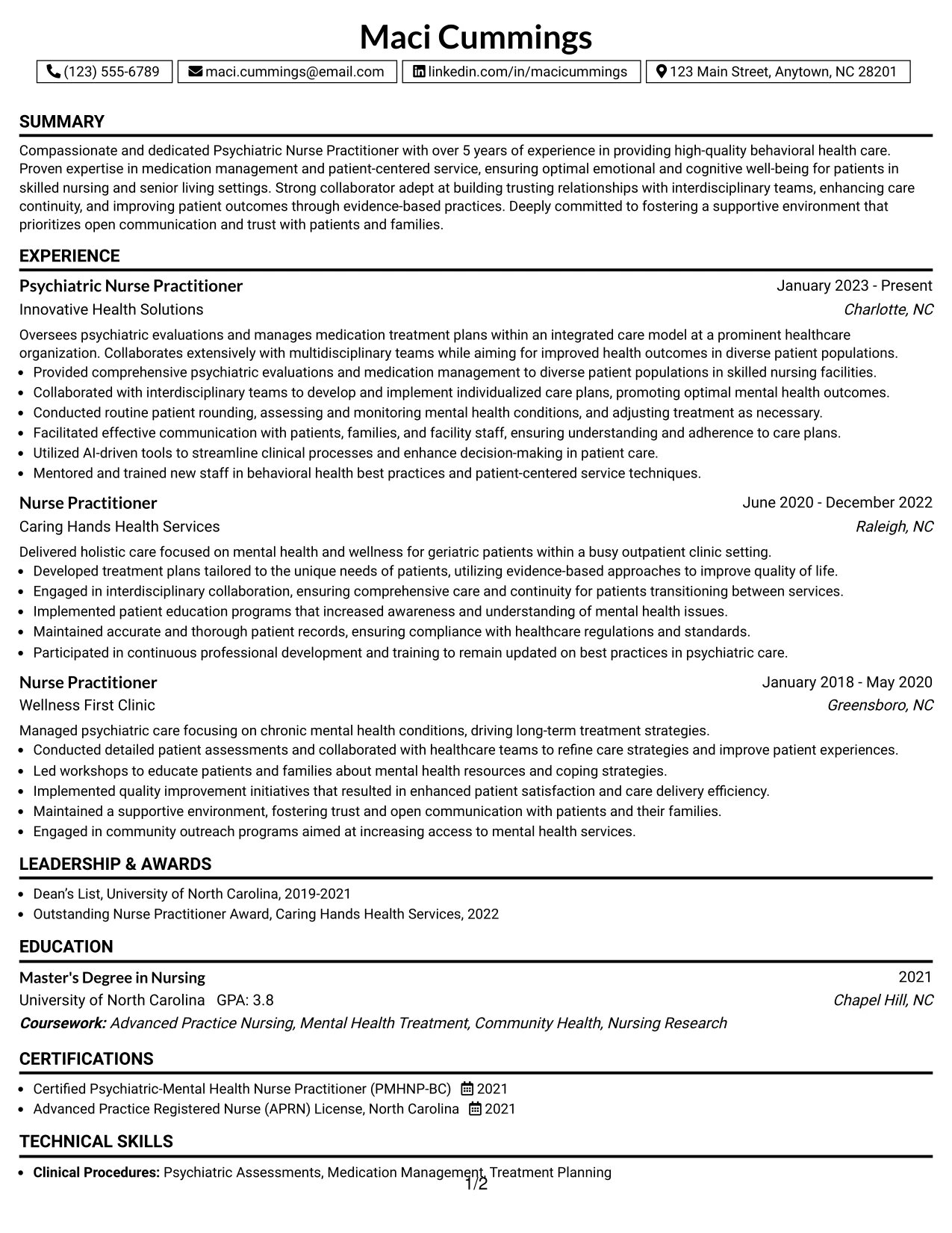 Resume Example Page 1