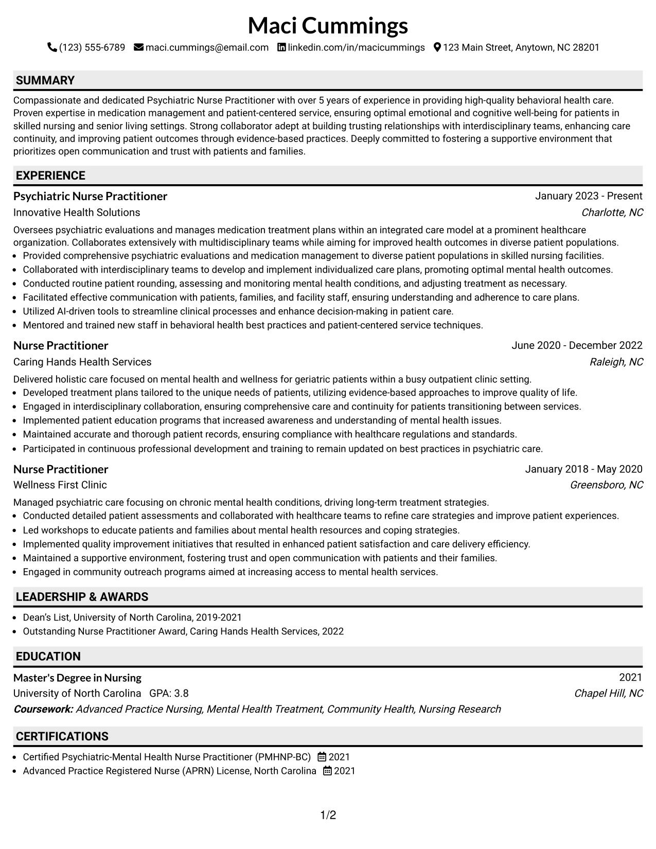 Resume Example Page 1