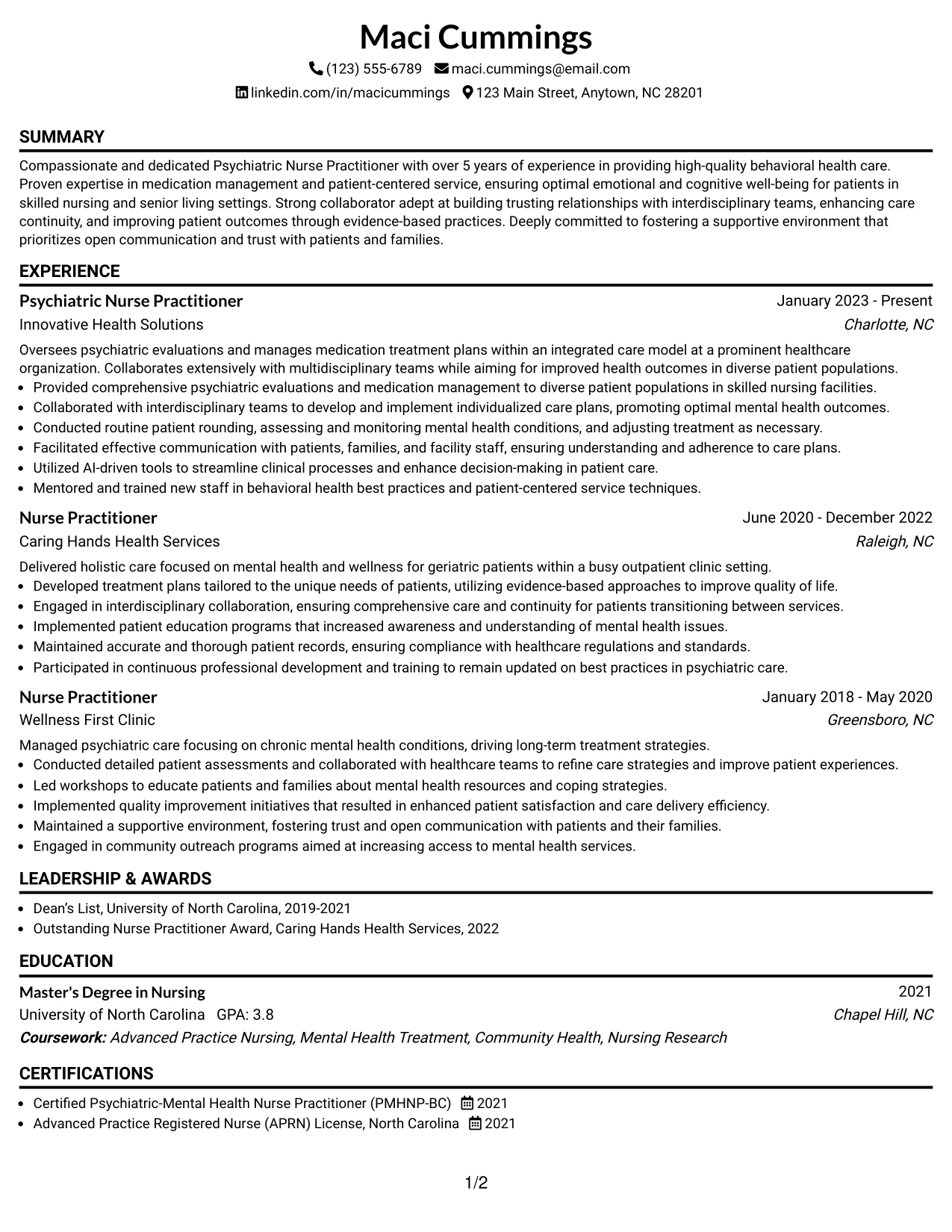 Resume Example Page 1