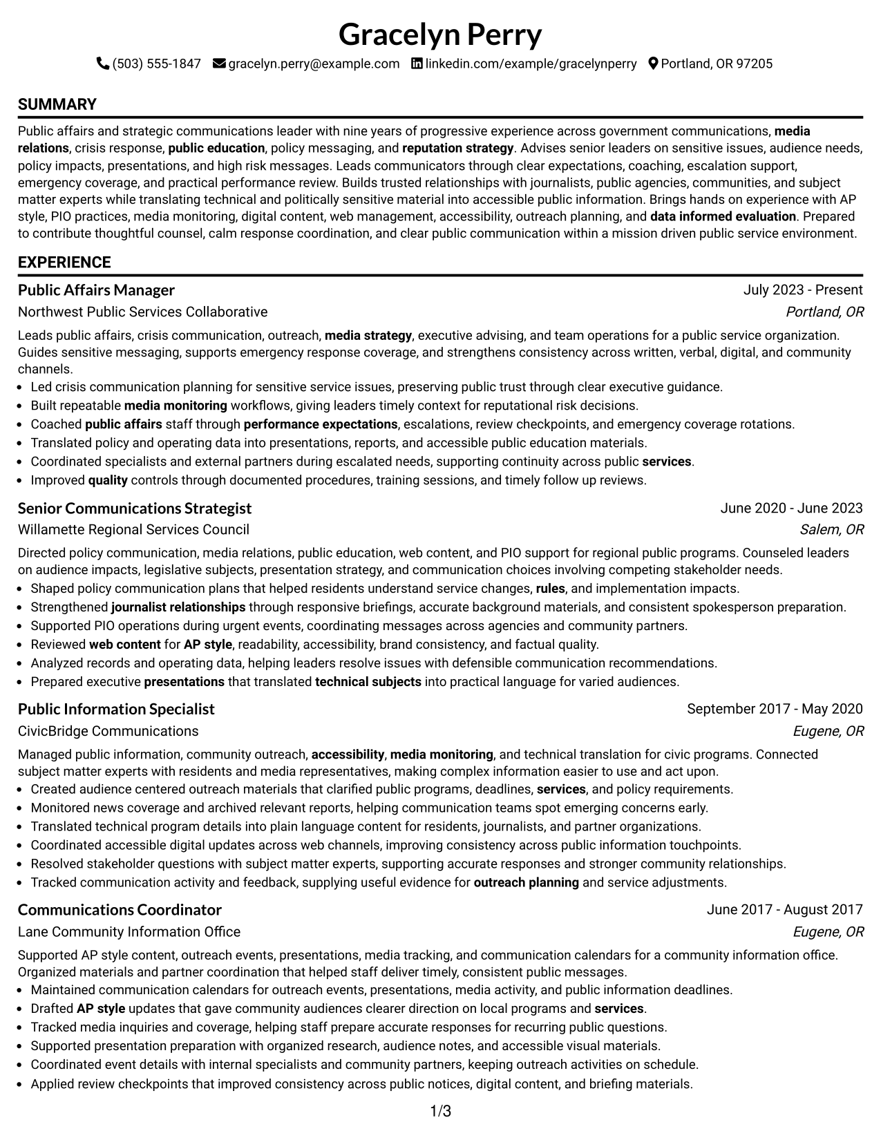 Resume Example Page 1