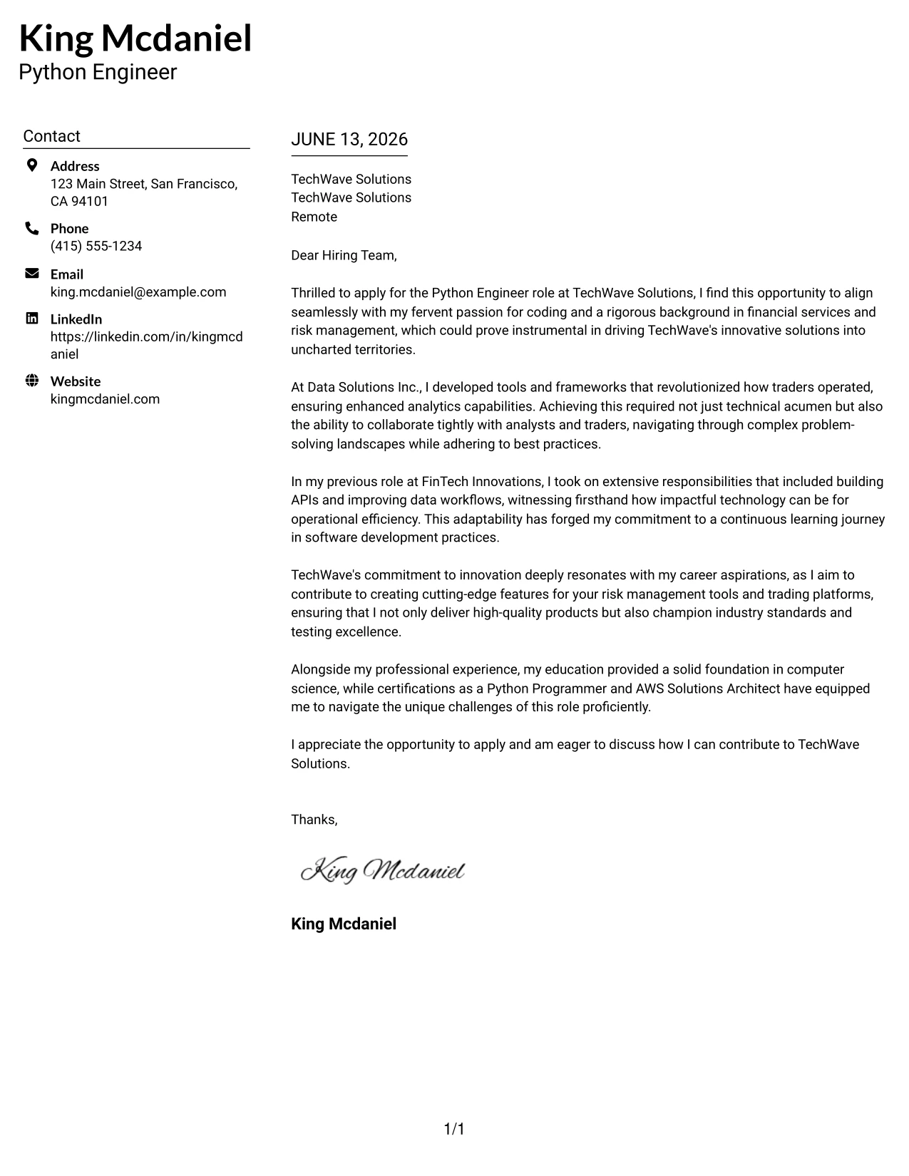 Resume Example Page 1
