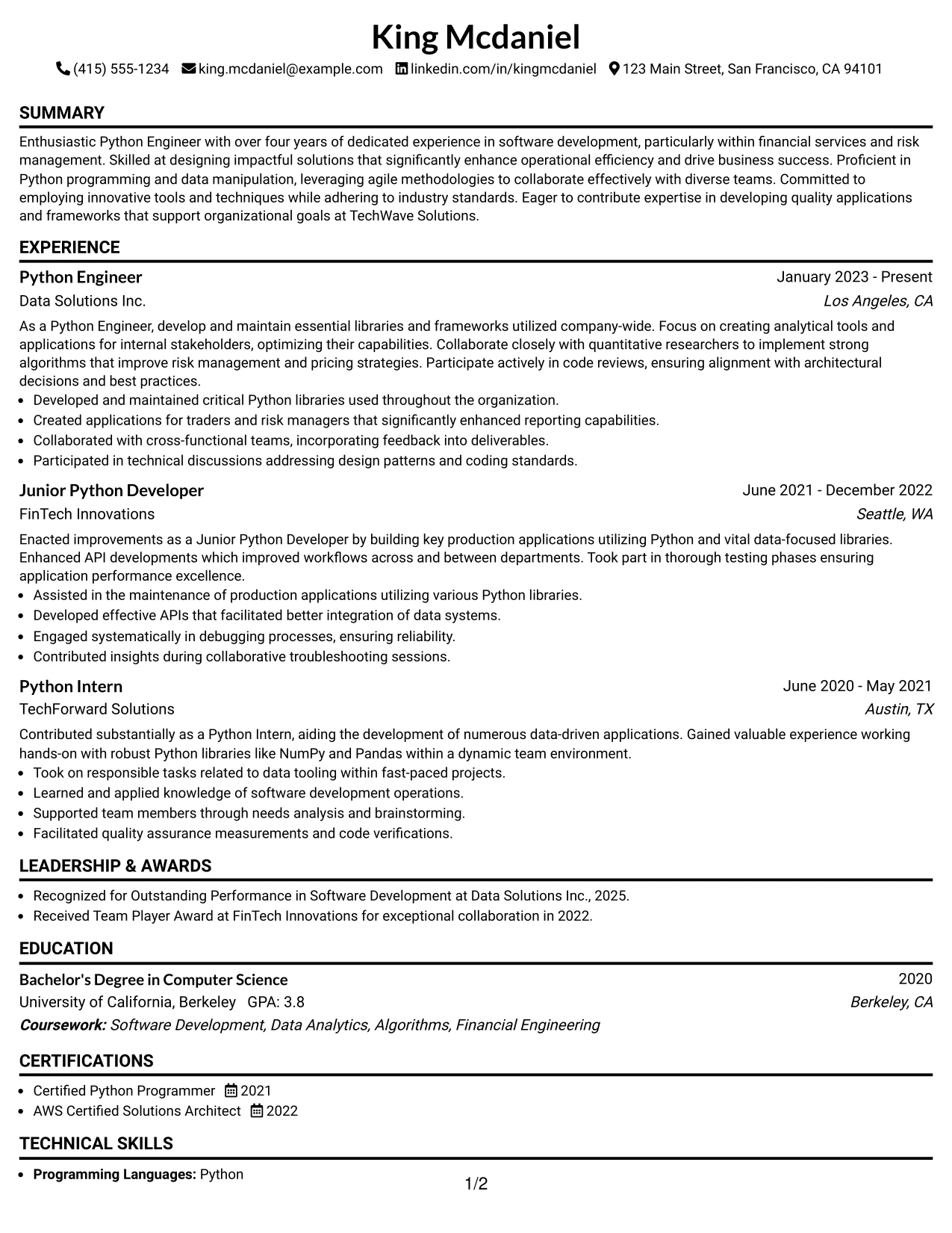 Resume Example Page 1