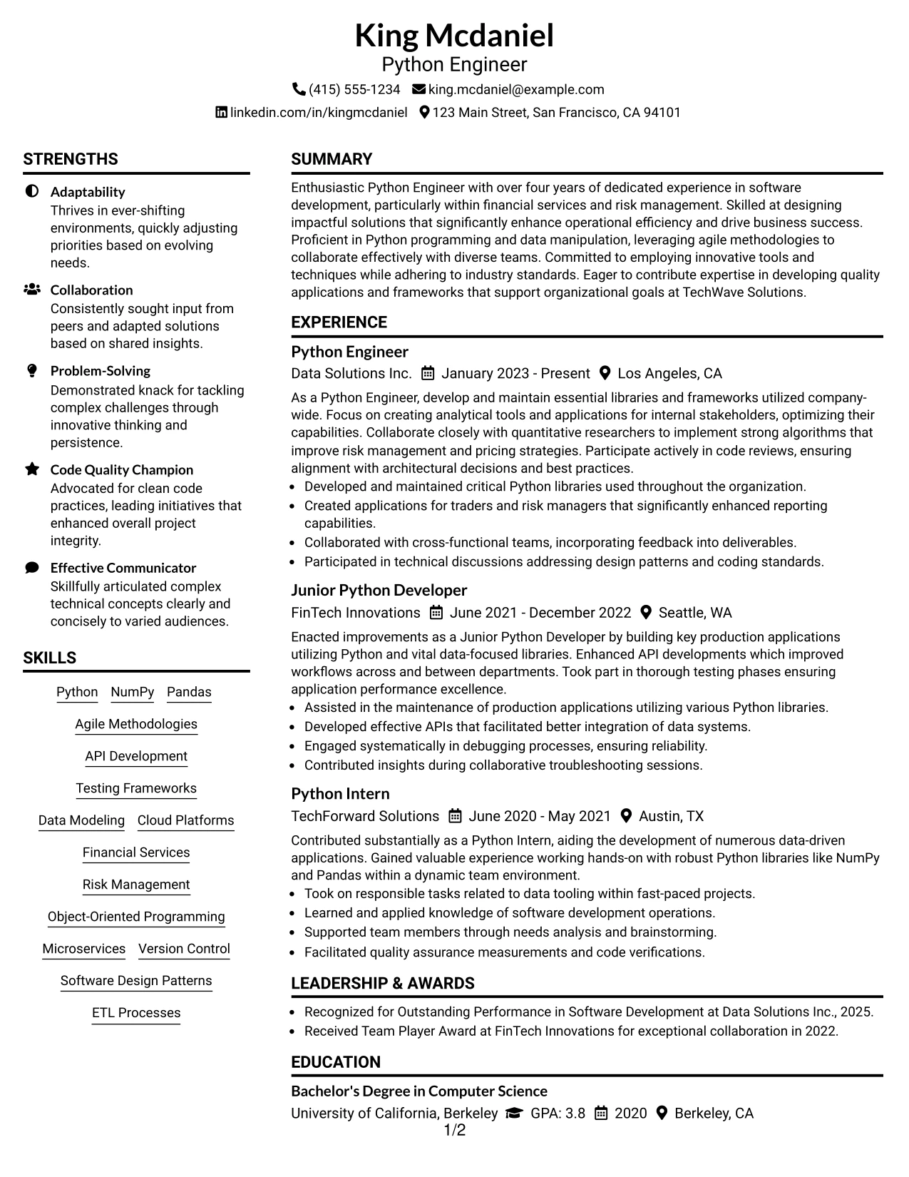 Resume Example Page 1
