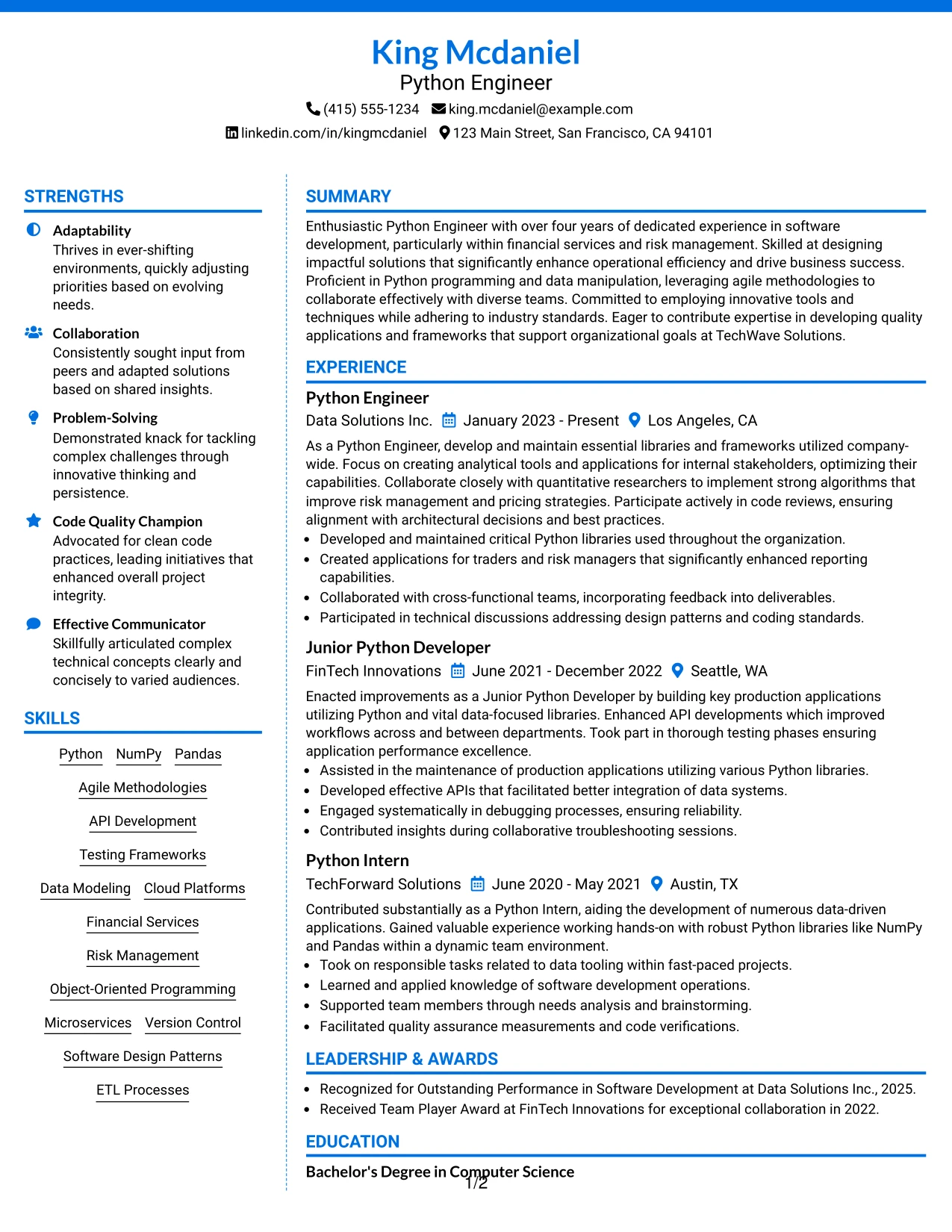 Resume Example Page 1