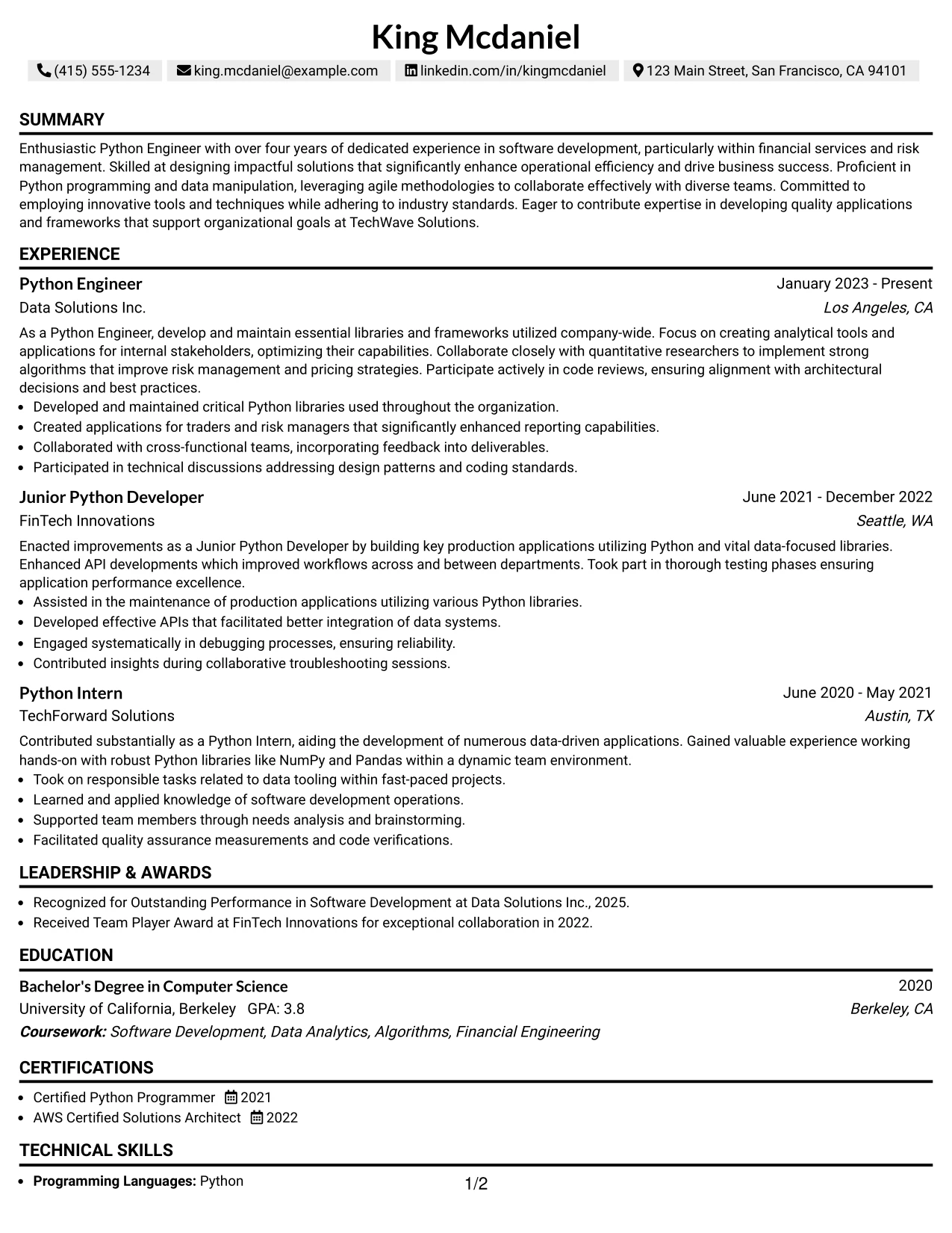 Resume Example Page 1