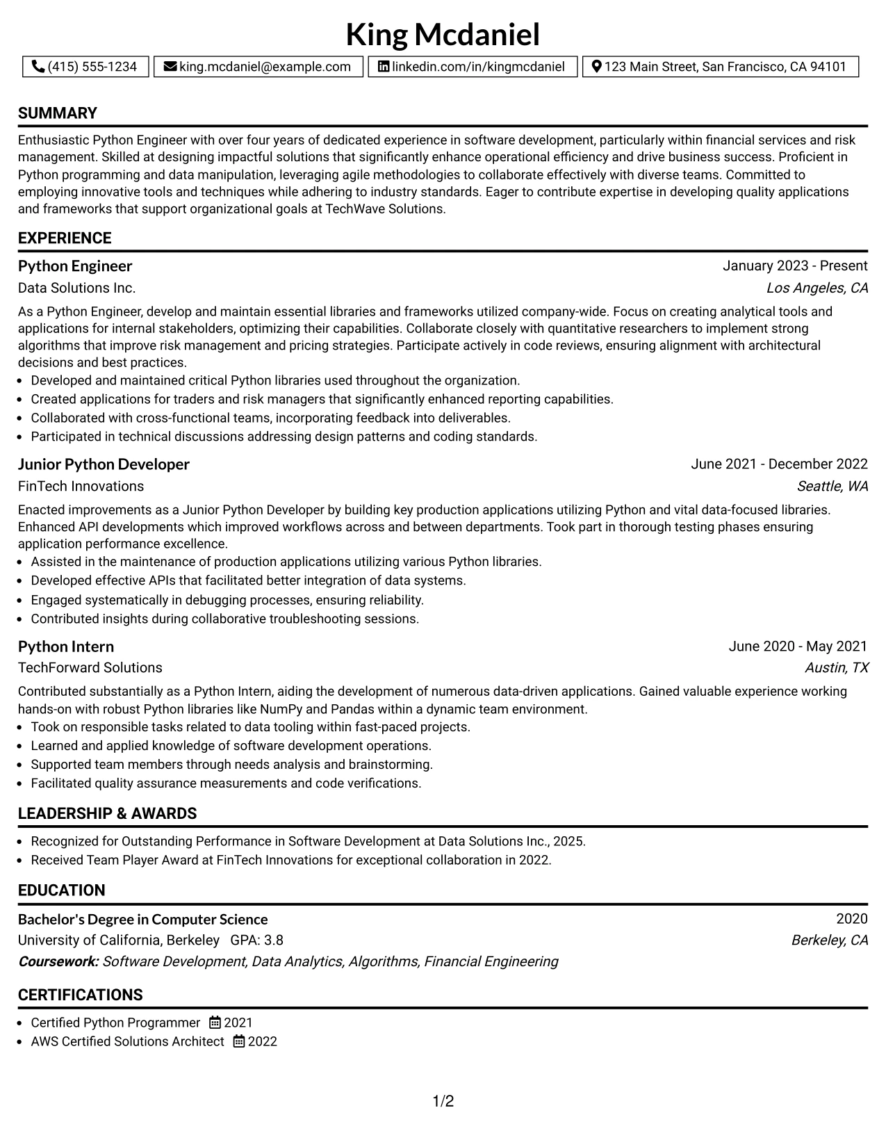 Resume Example Page 1