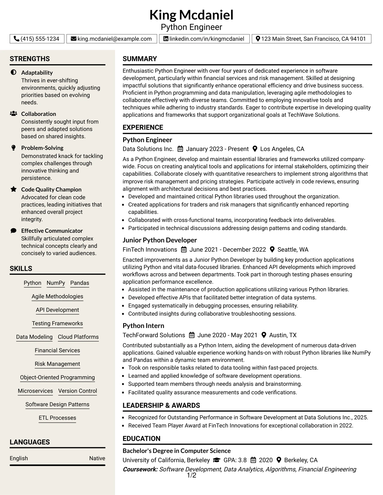 Resume Example Page 1