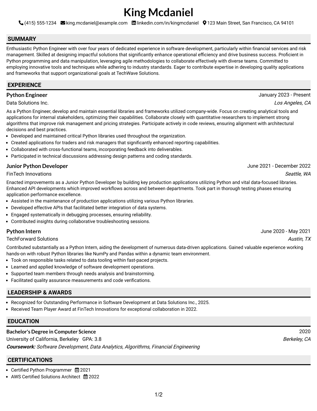 Resume Example Page 1