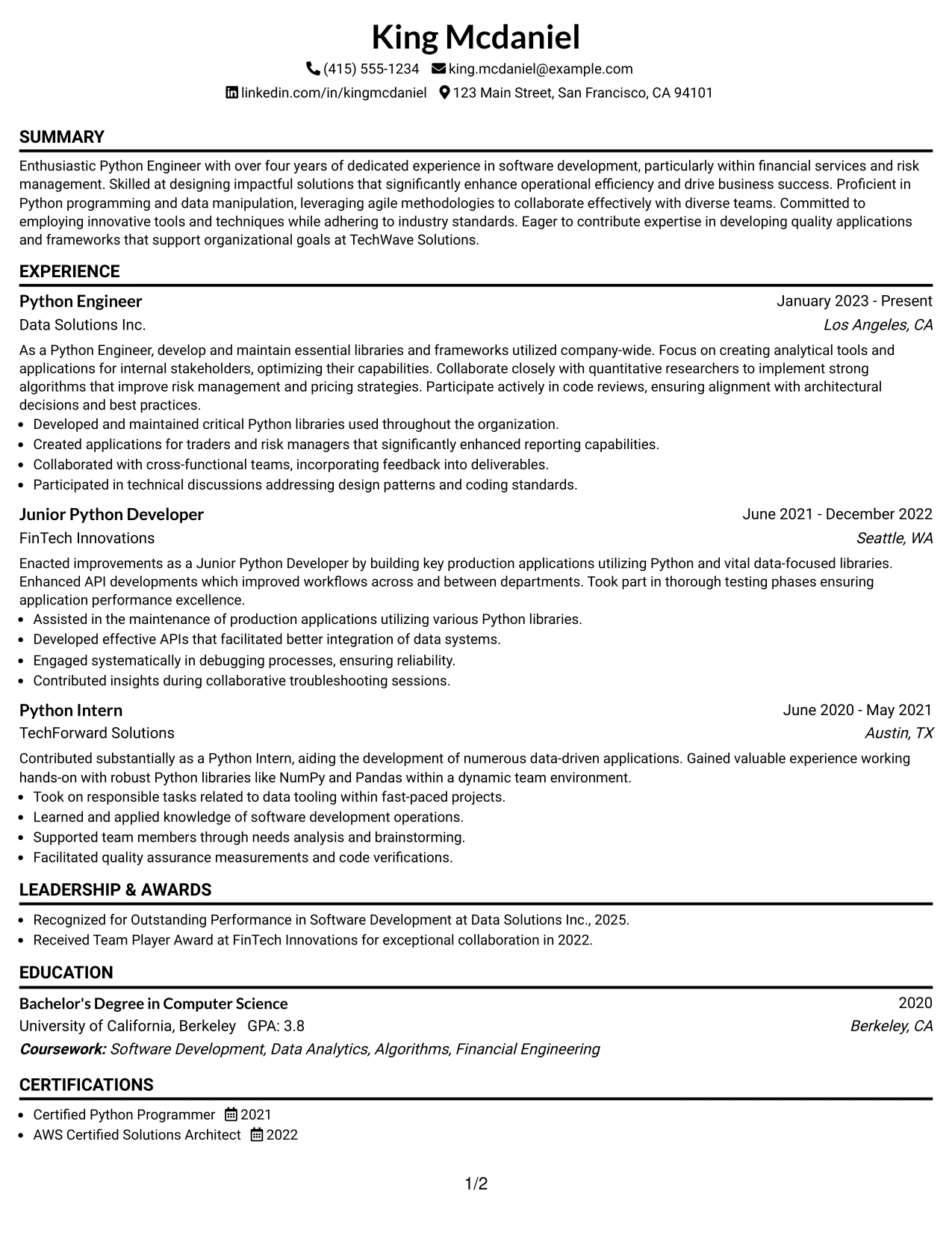 Resume Example Page 1