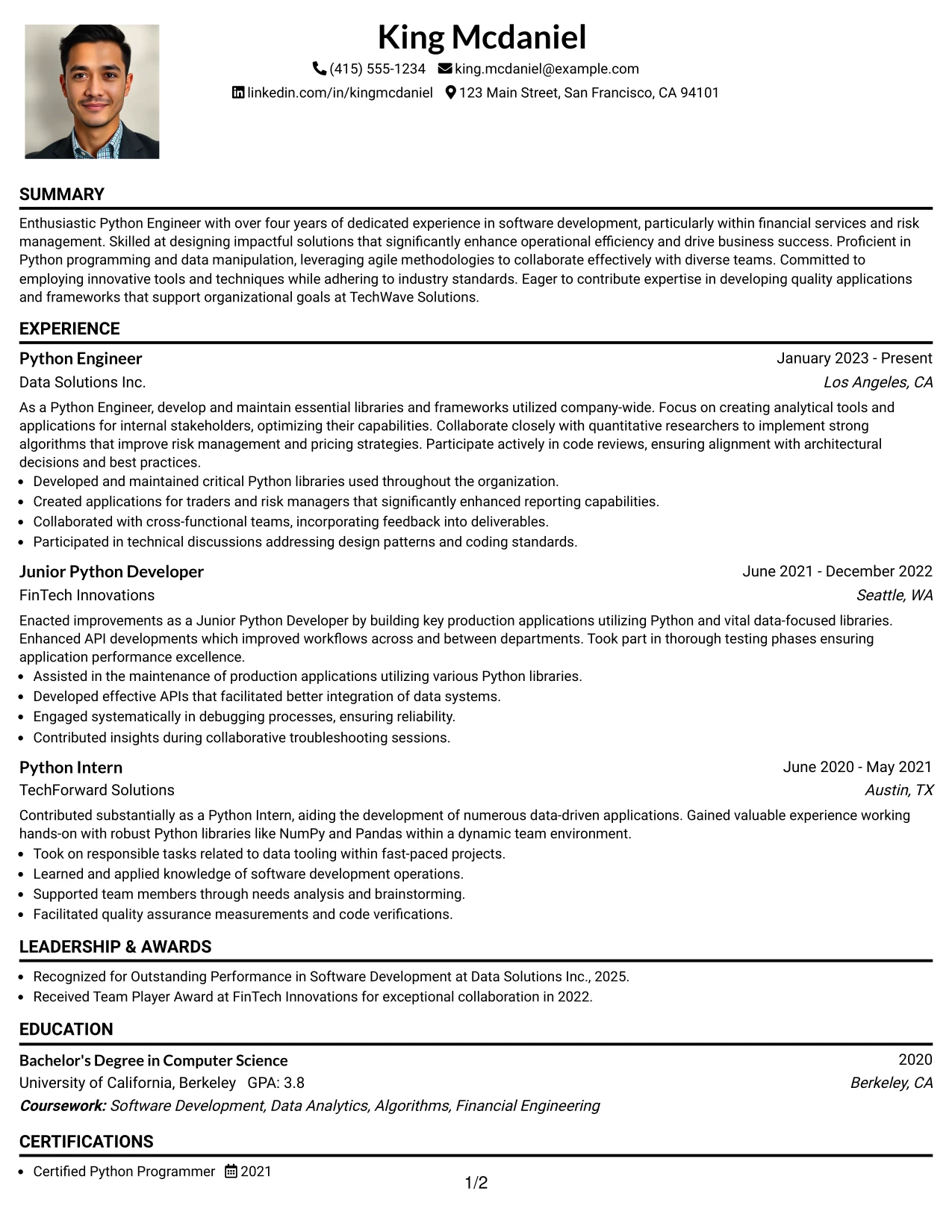 Resume Example Page 1