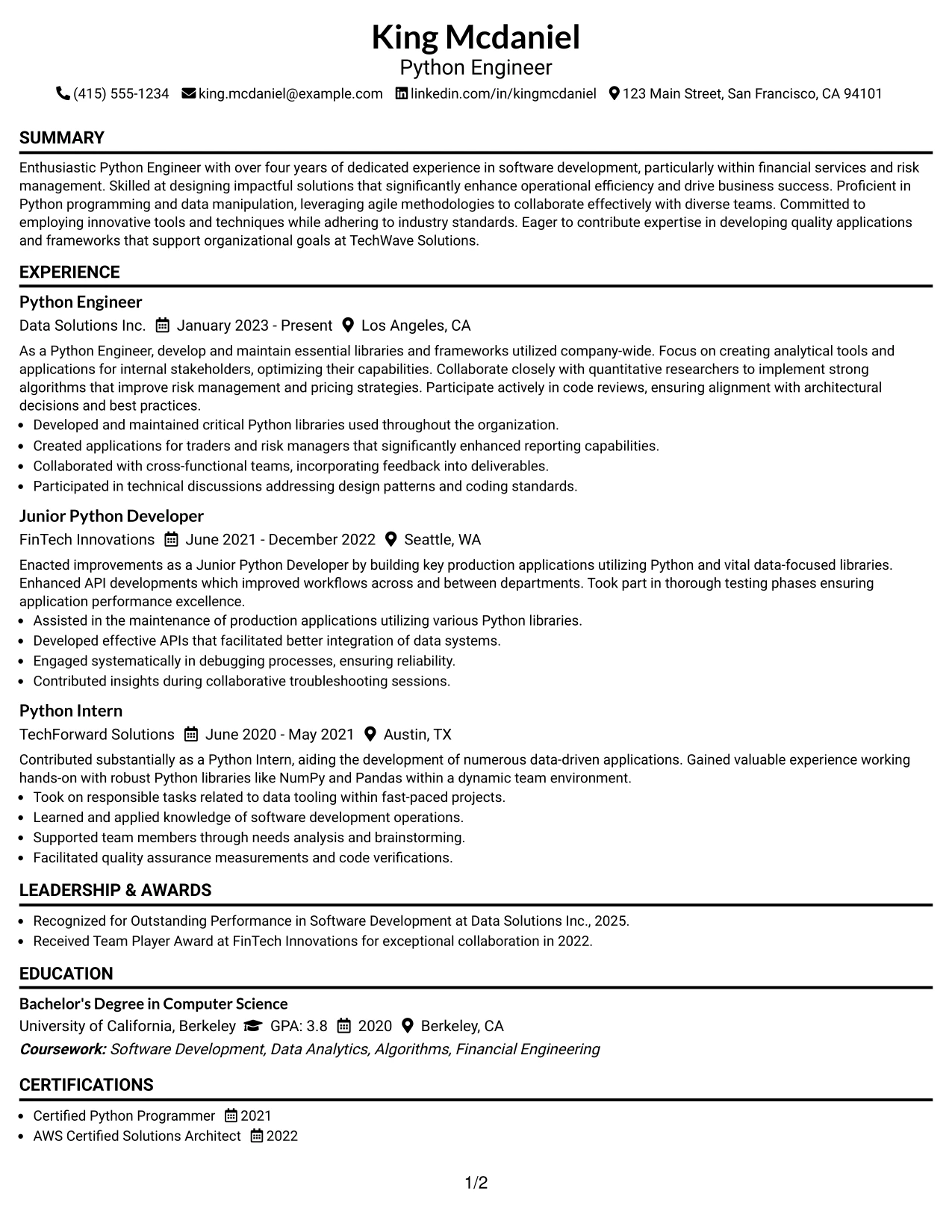 Resume Example Page 1