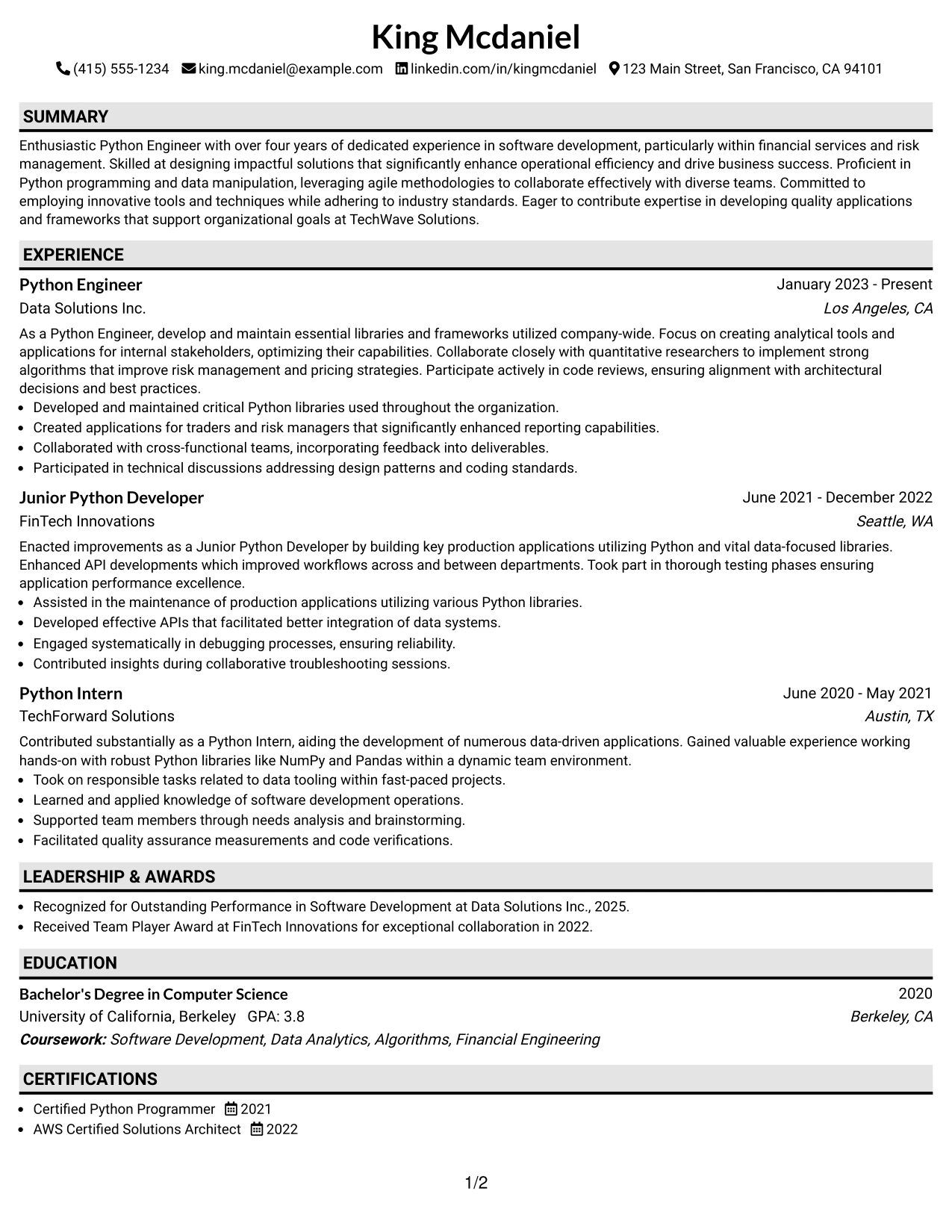 Resume Example Page 1