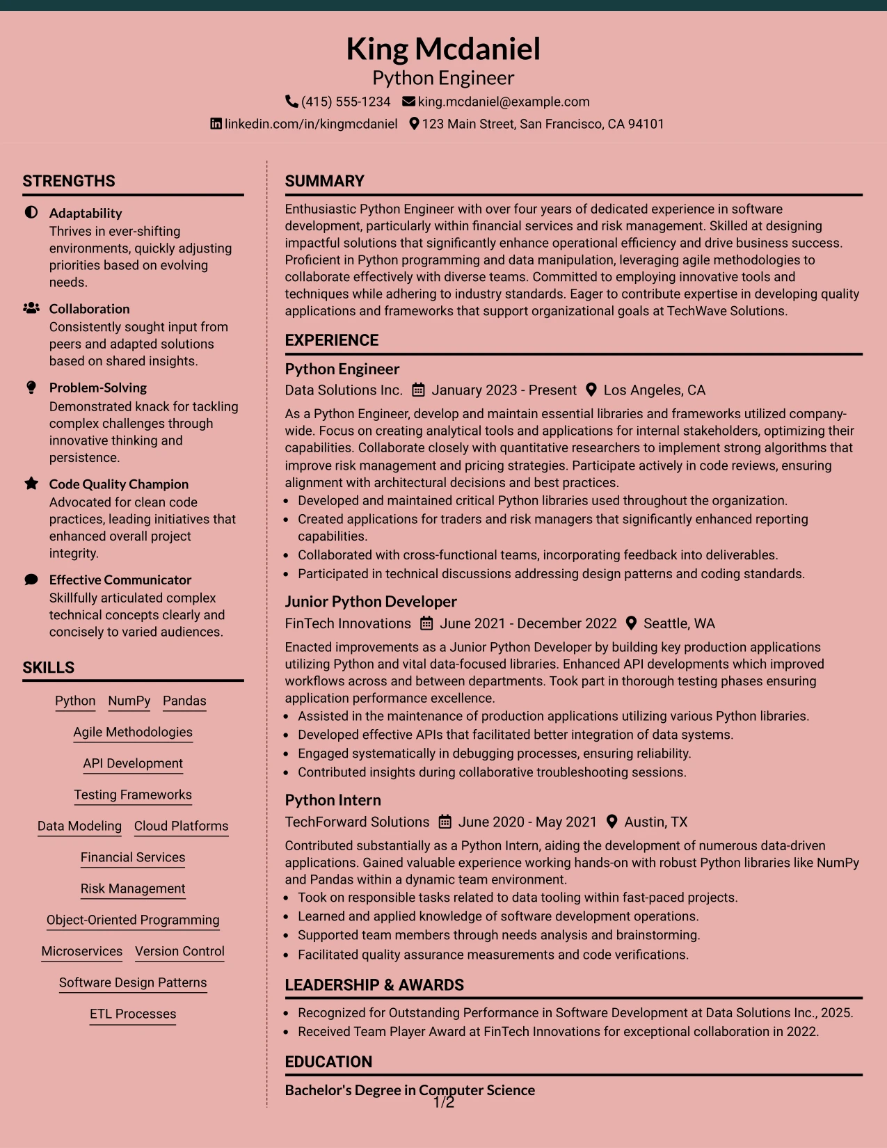 Resume Example Page 1