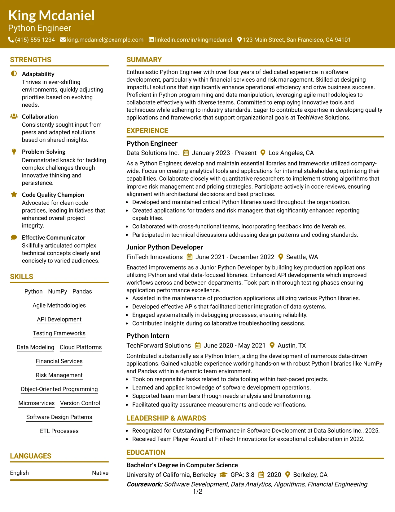 Resume Example Page 1