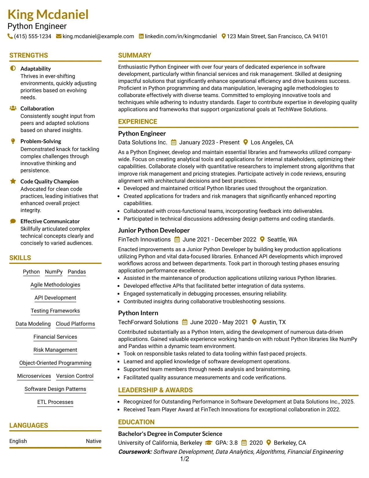 Resume Example Page 1