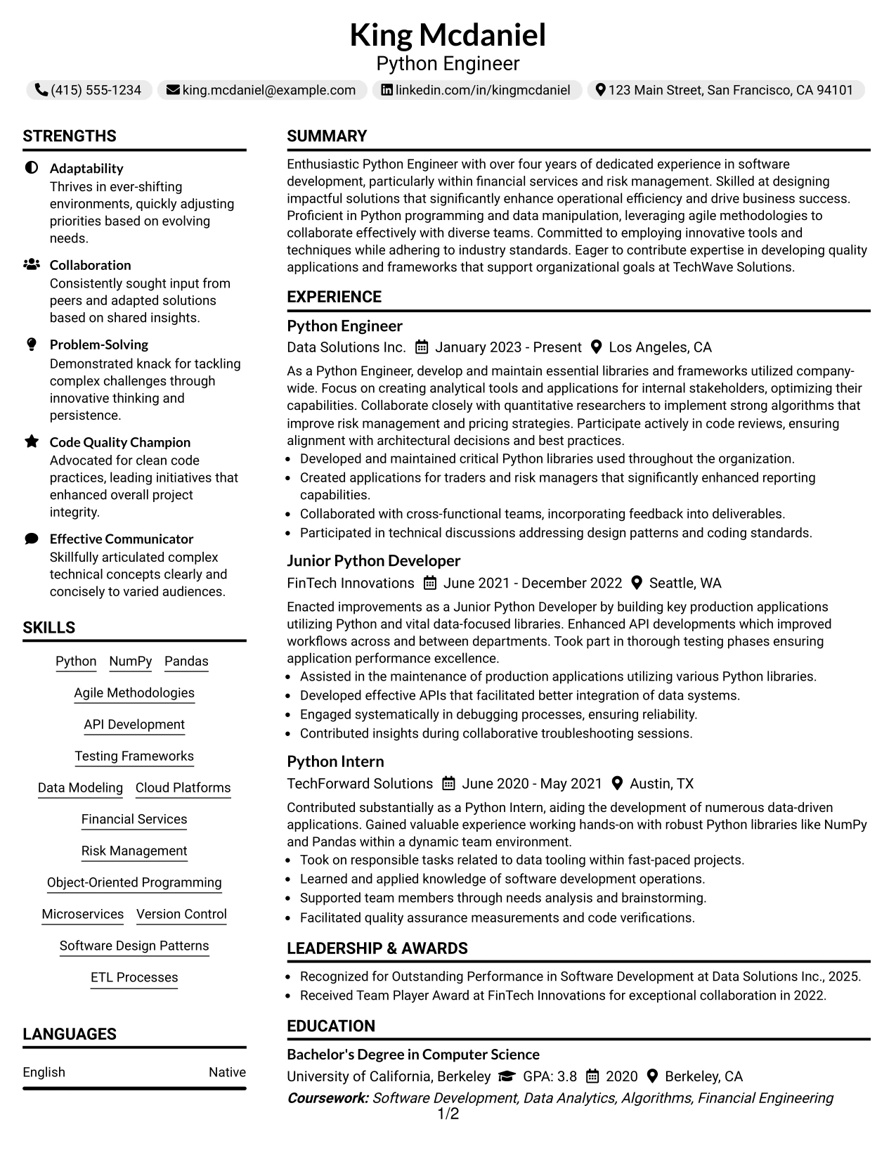 Resume Example Page 1