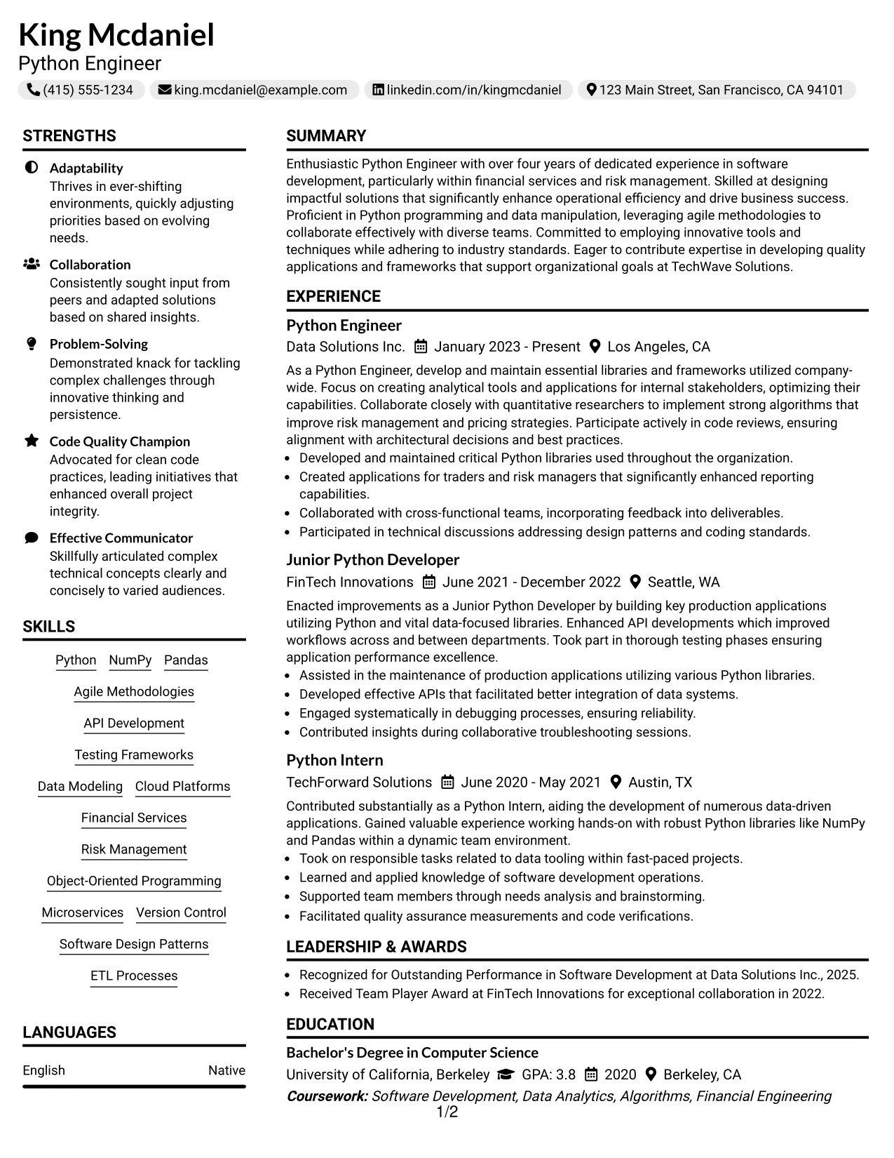 Resume Example Page 1