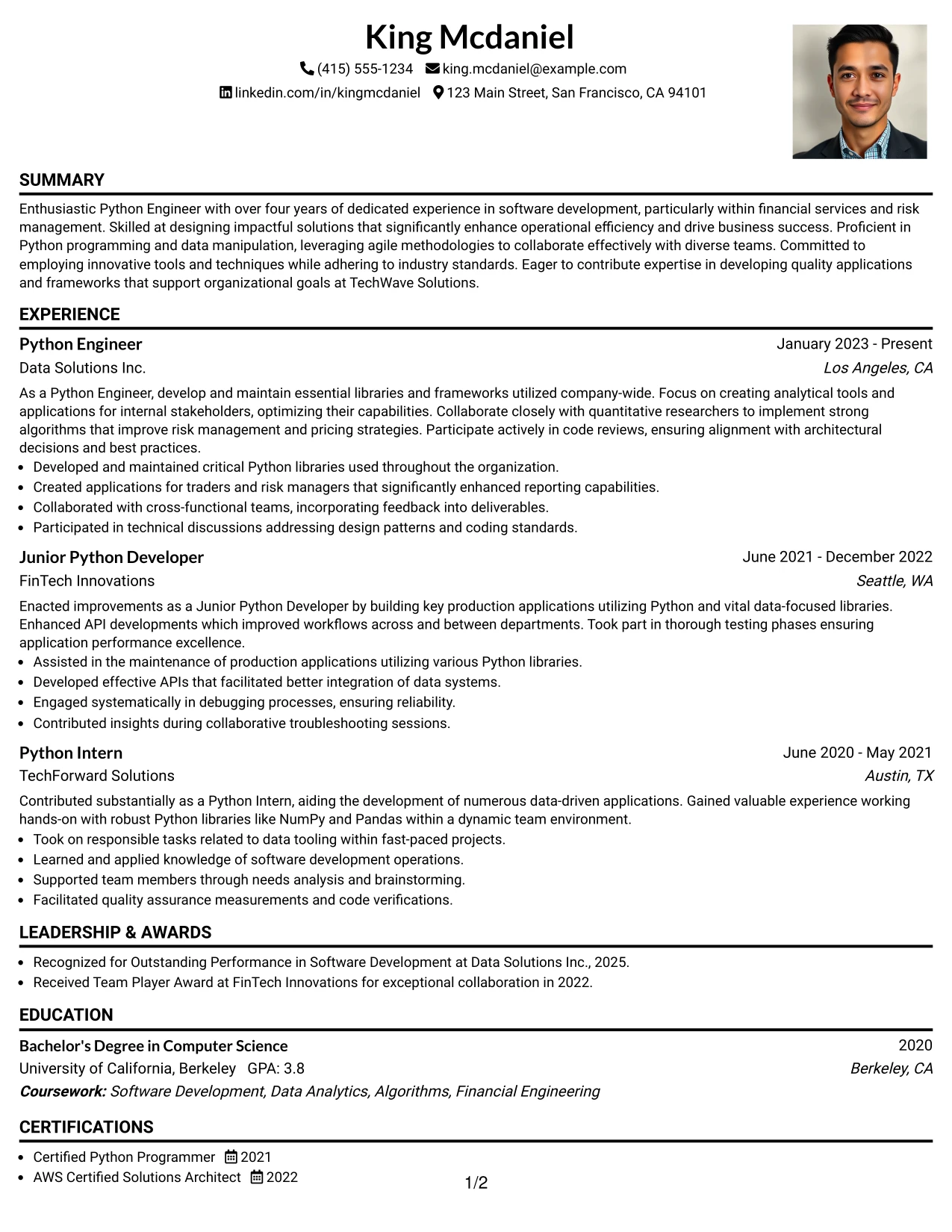 Resume Example Page 1