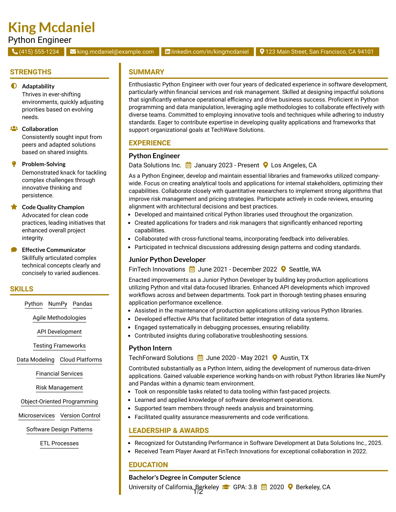 Resume Example Page 1