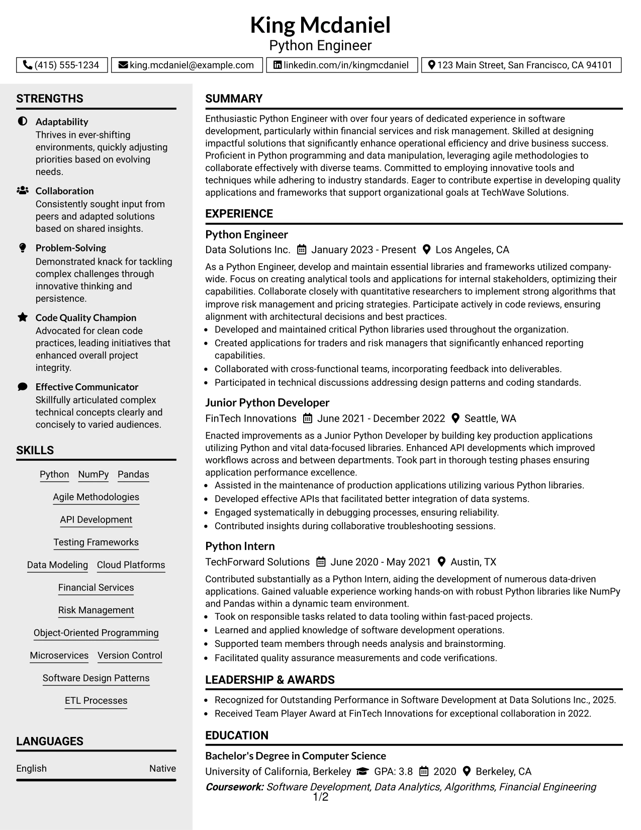 Resume Example Page 1