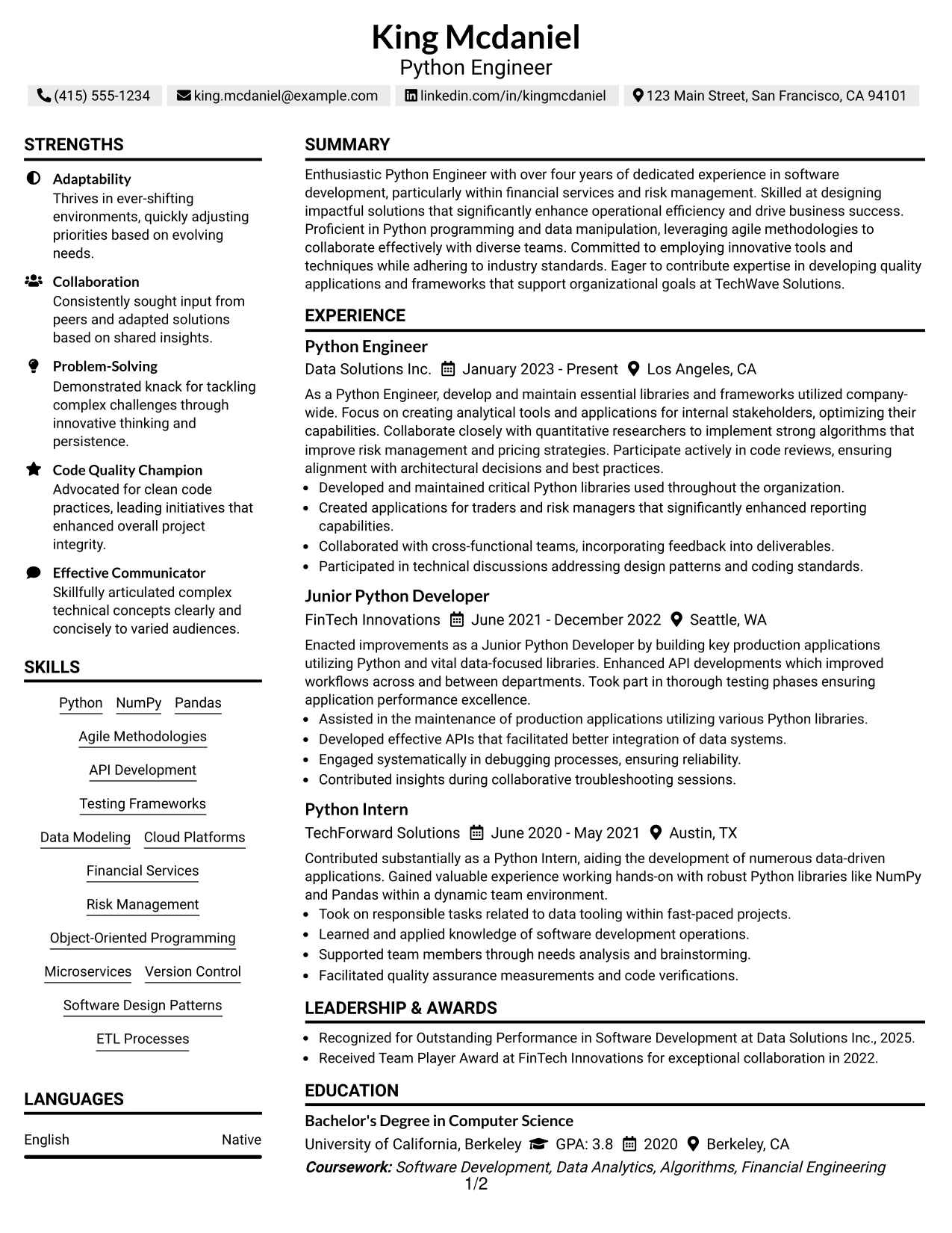 Resume Example Page 1