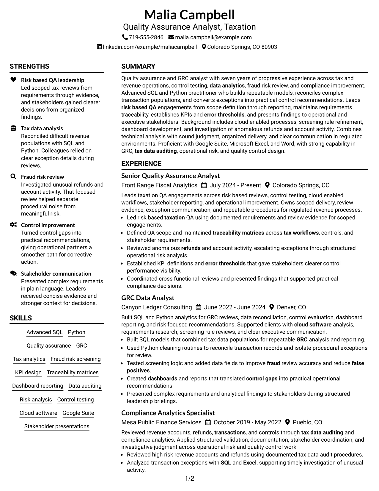 Resume Example Page 1