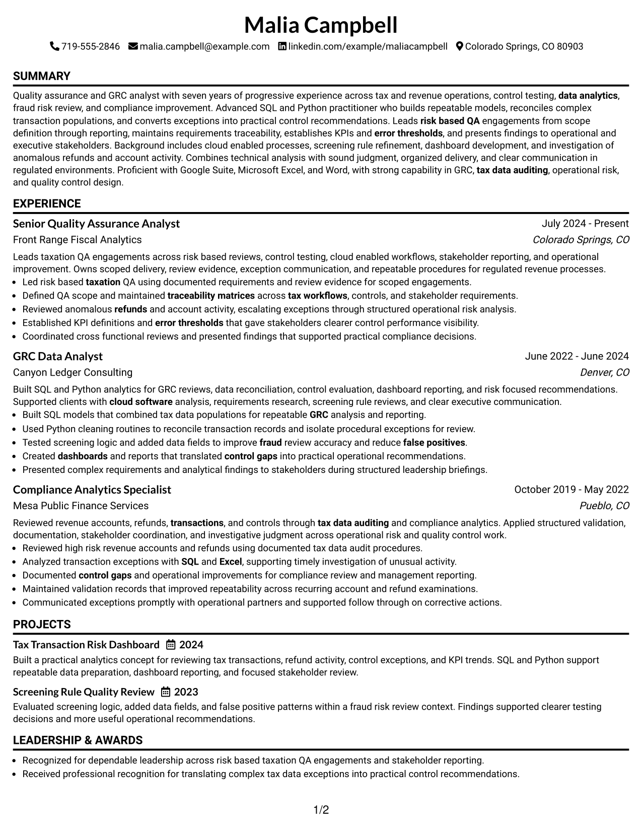 Resume Example Page 1