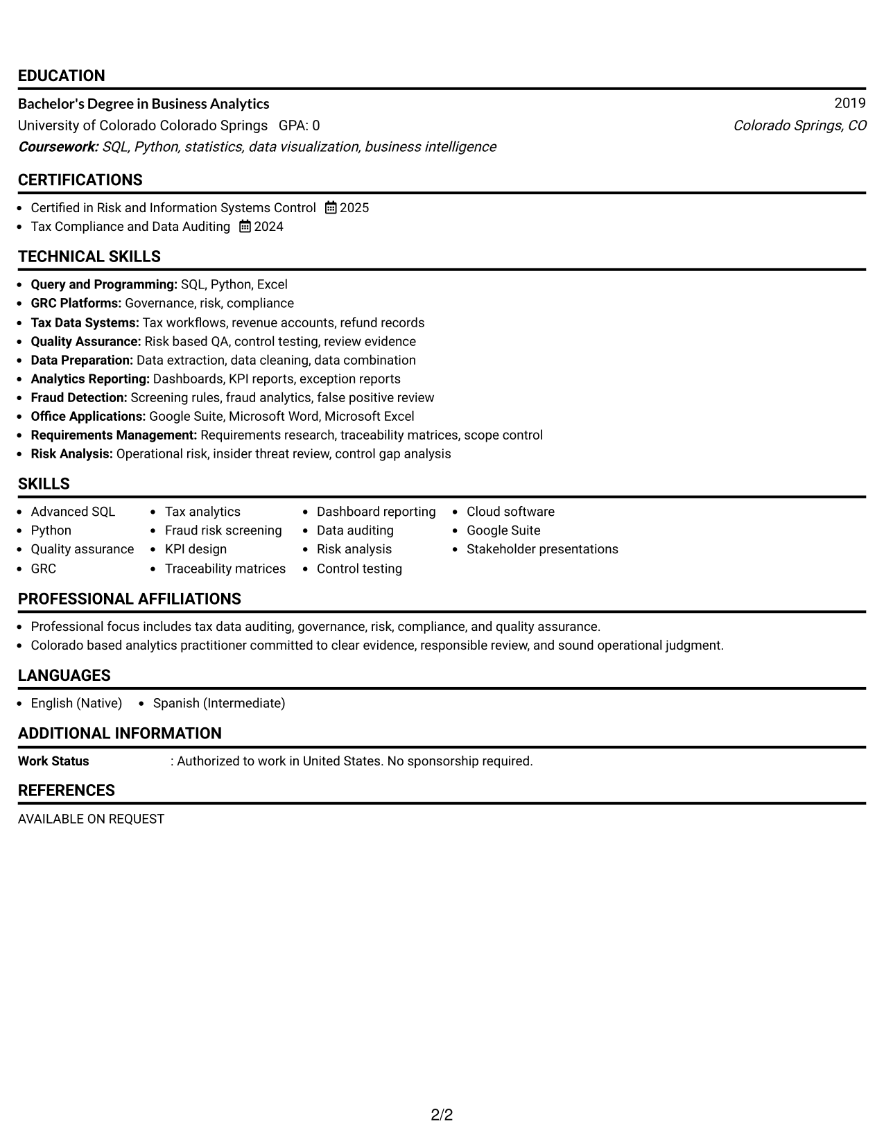 Resume Example Page 2