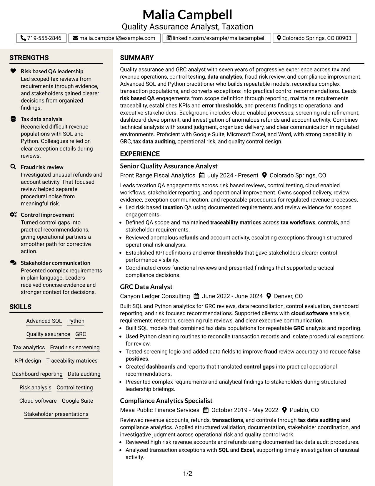 Resume Example Page 1