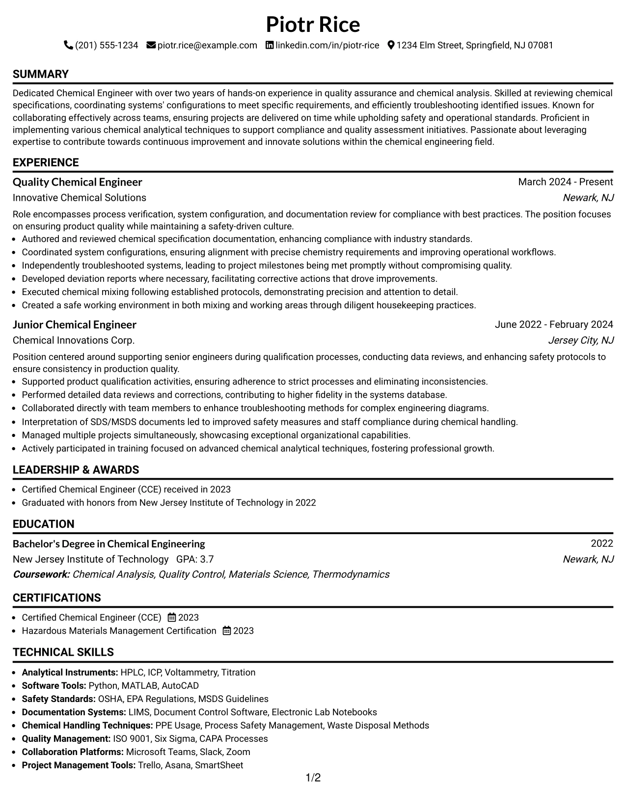 Resume Example Page 1