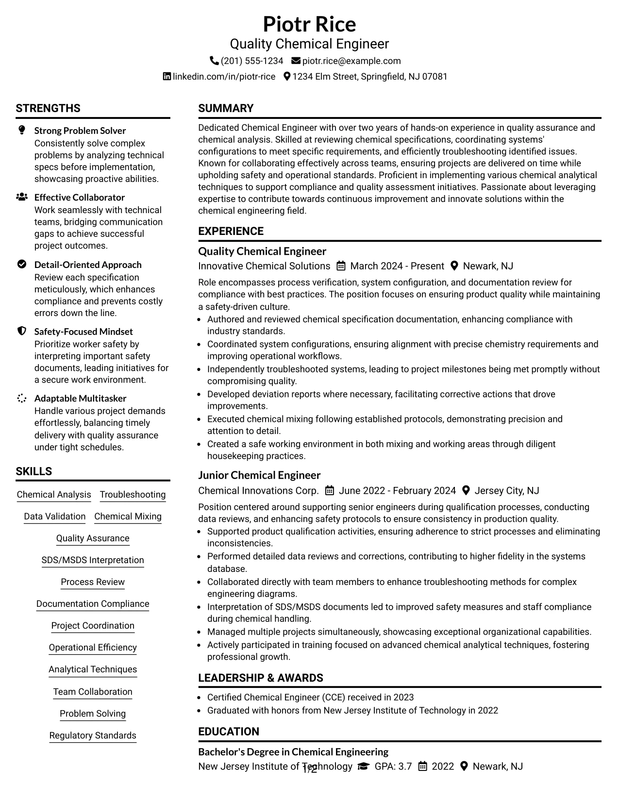 Resume Example Page 1