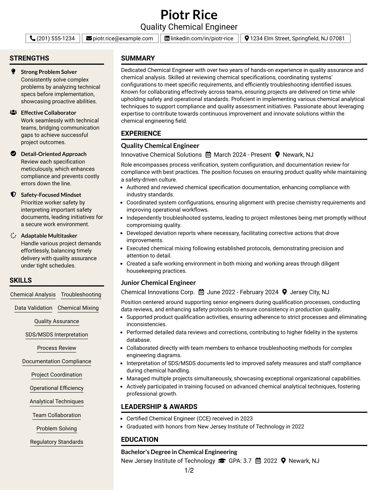 Resume Example Page 1