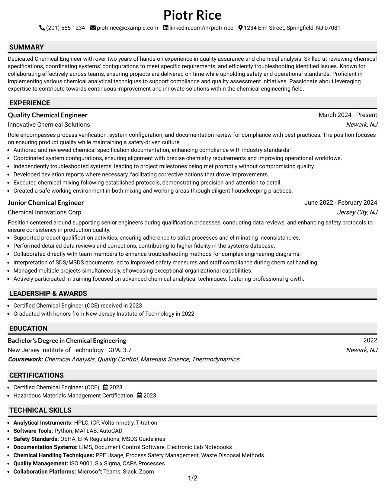 Resume Example Page 1