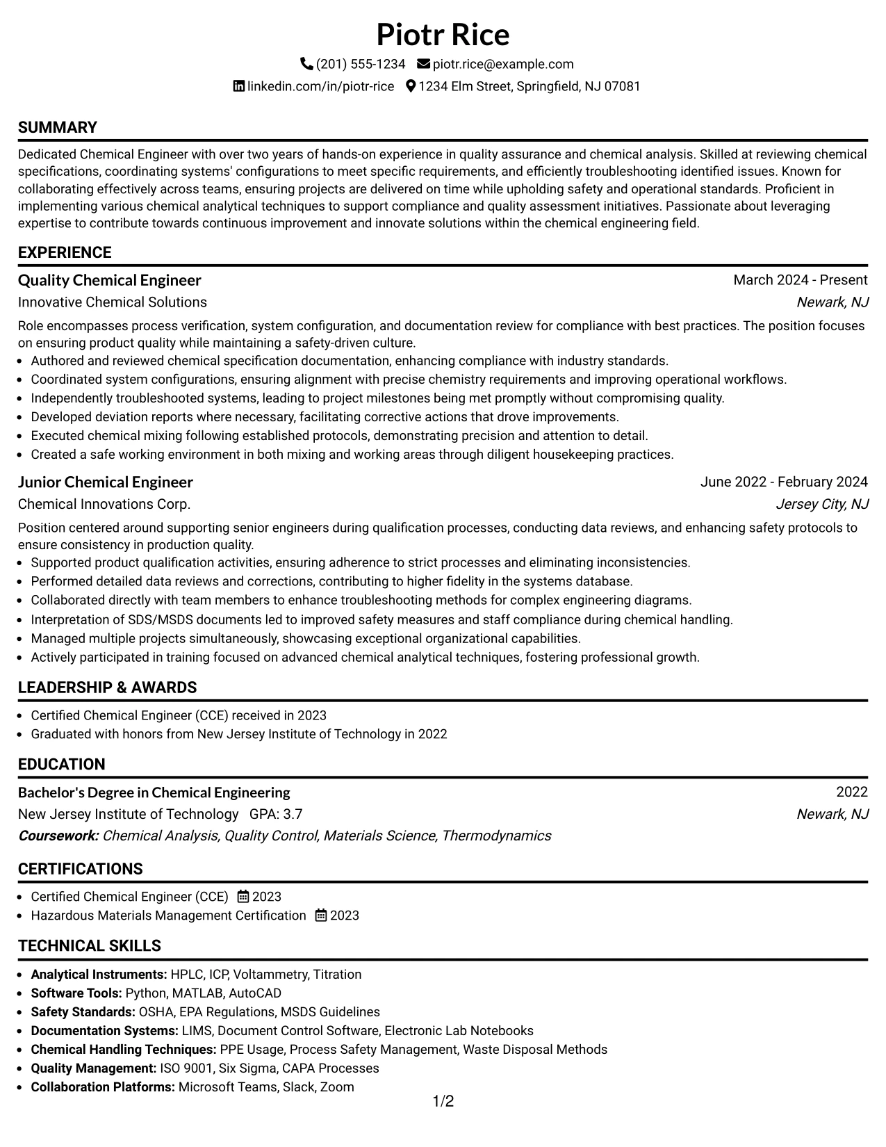 Resume Example Page 1