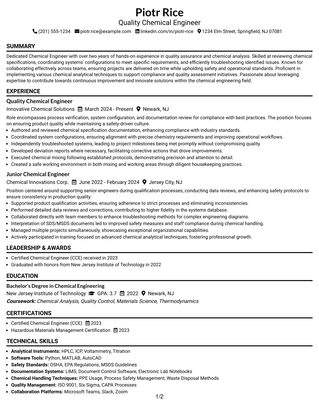 Resume Example Page 1
