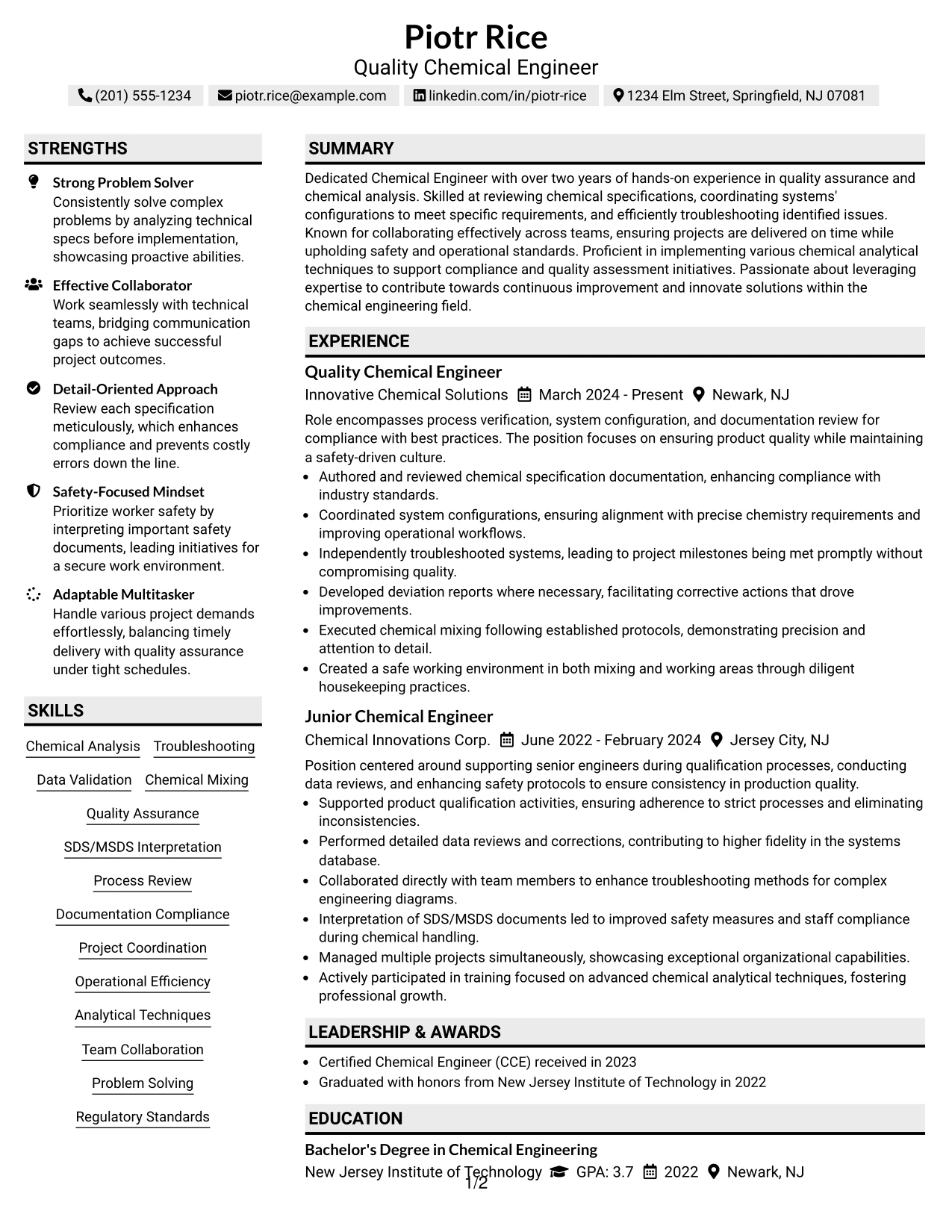 Resume Example Page 1