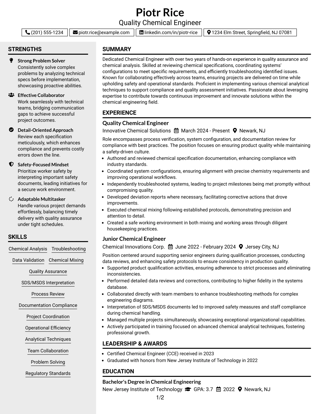 Resume Example Page 1