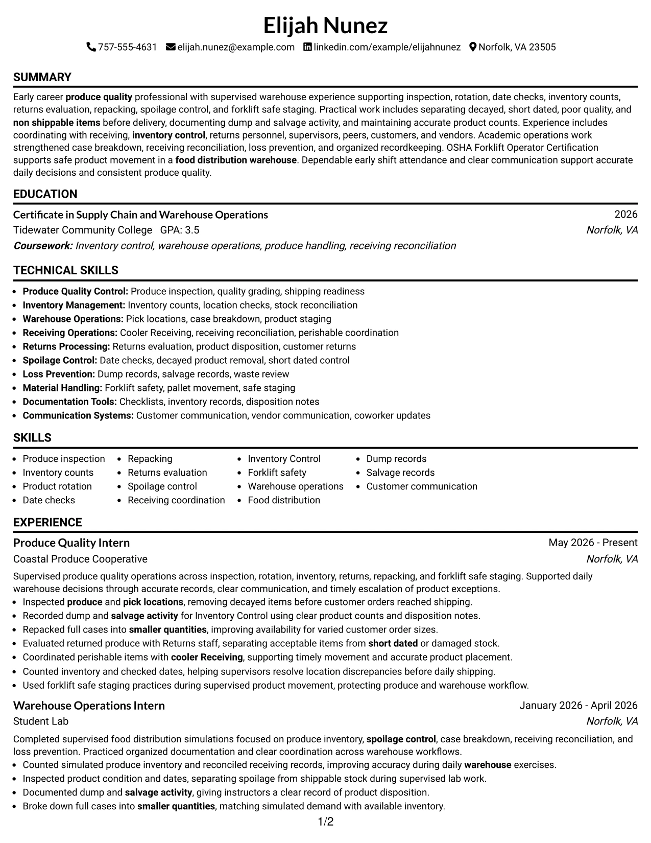 Resume Example Page 1