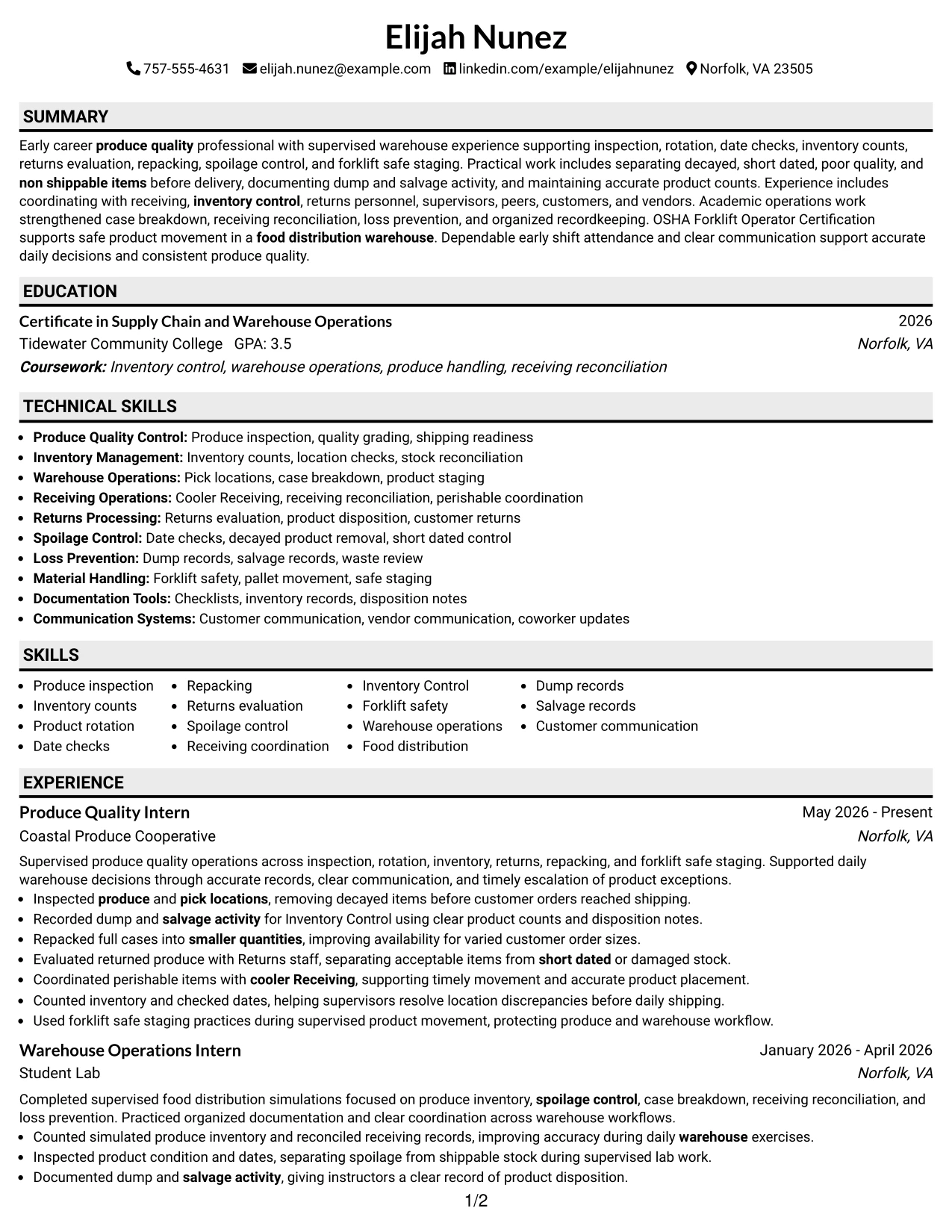 Resume Example Page 1