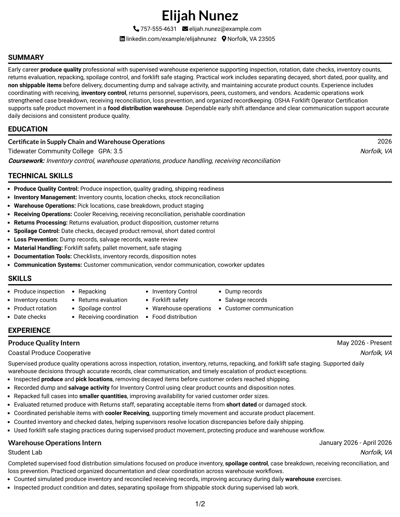Resume Example Page 1