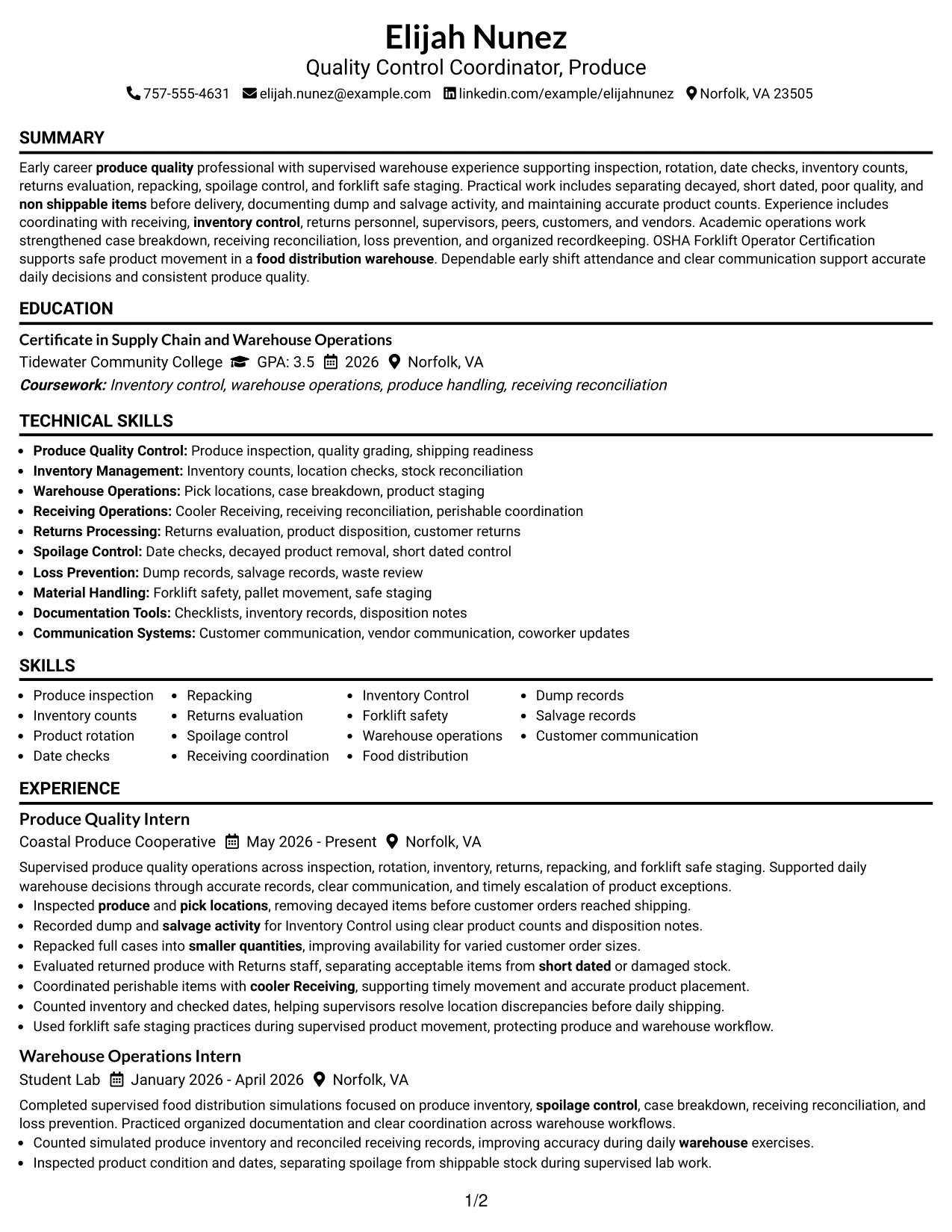 Resume Example Page 1
