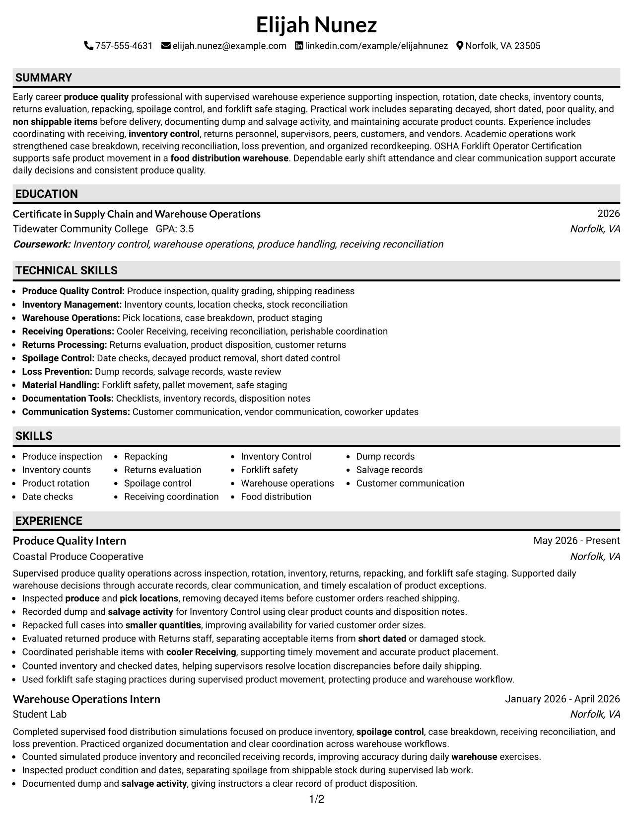 Resume Example Page 1