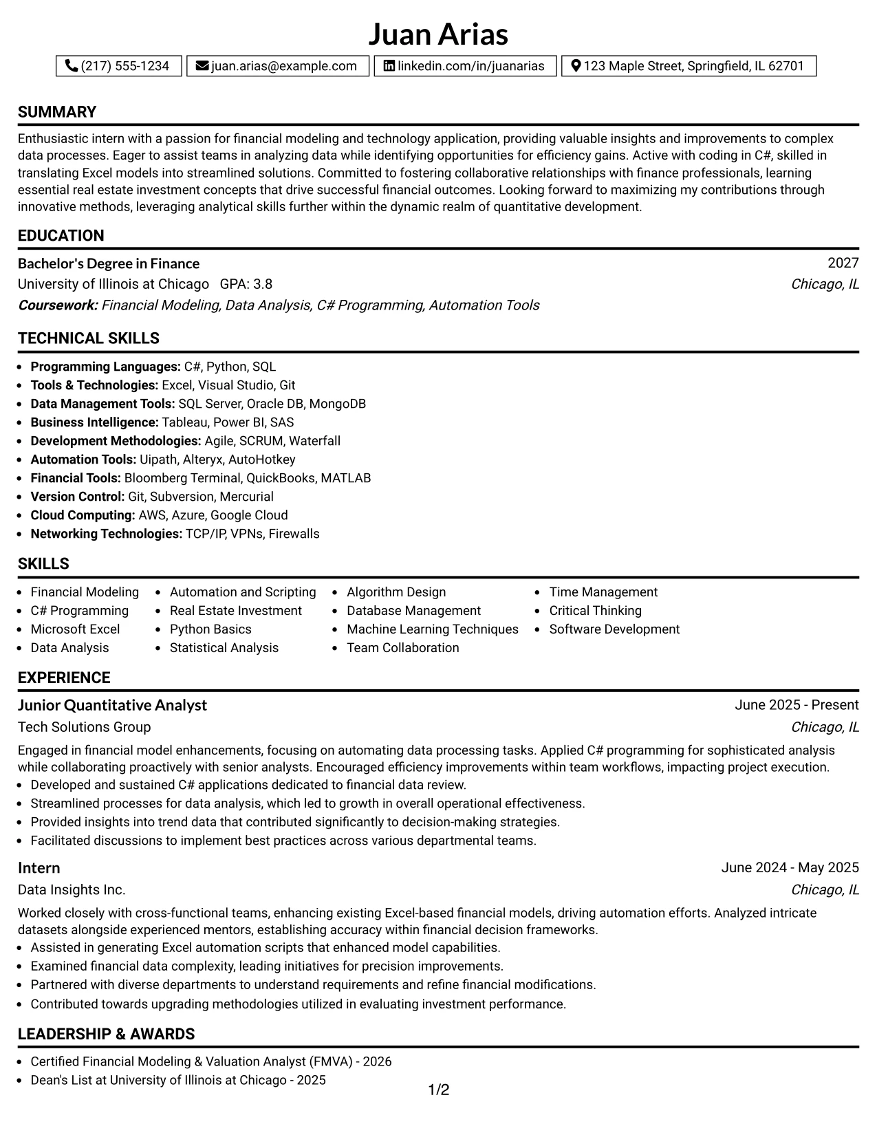 Resume Example Page 1