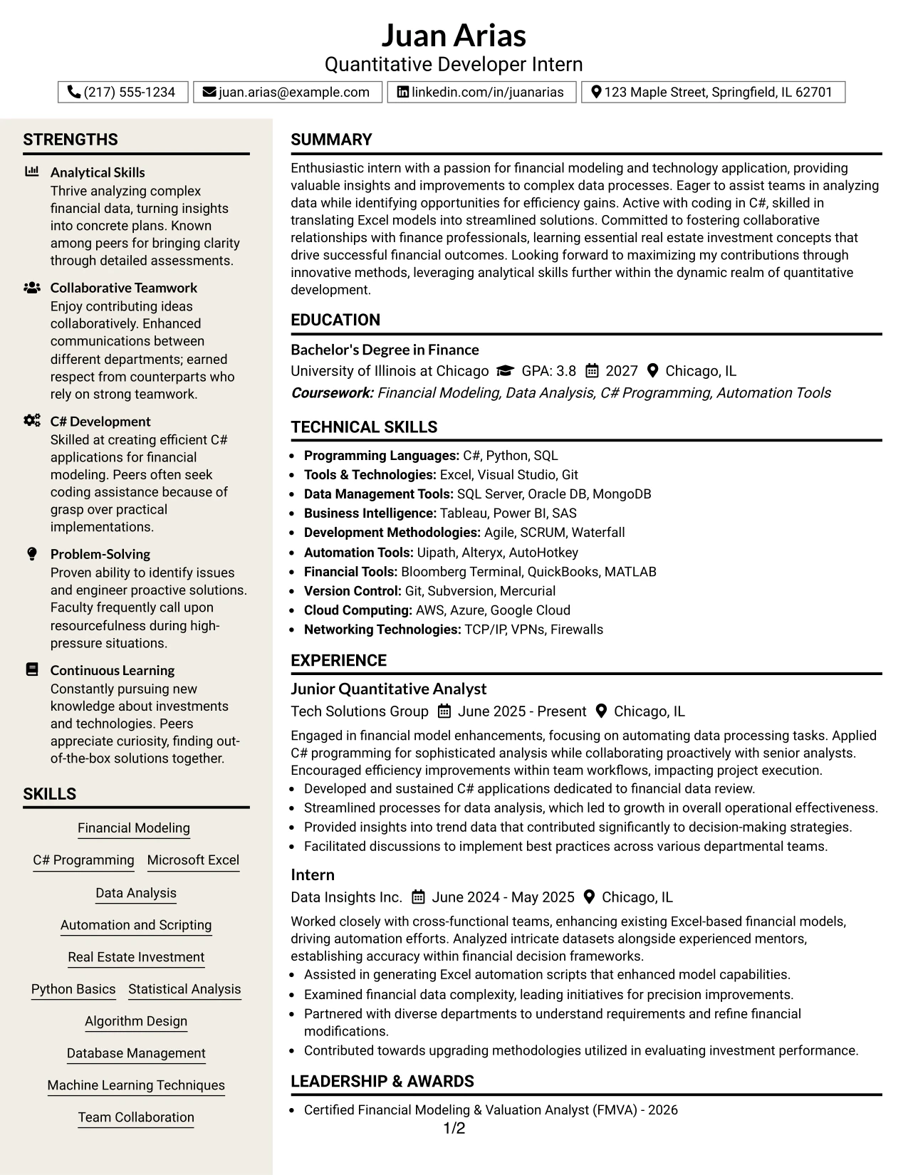 Resume Example Page 1