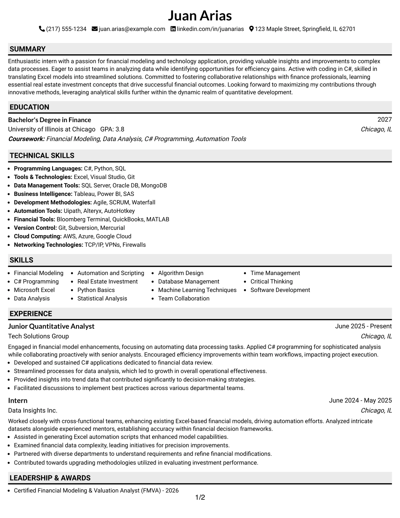 Resume Example Page 1