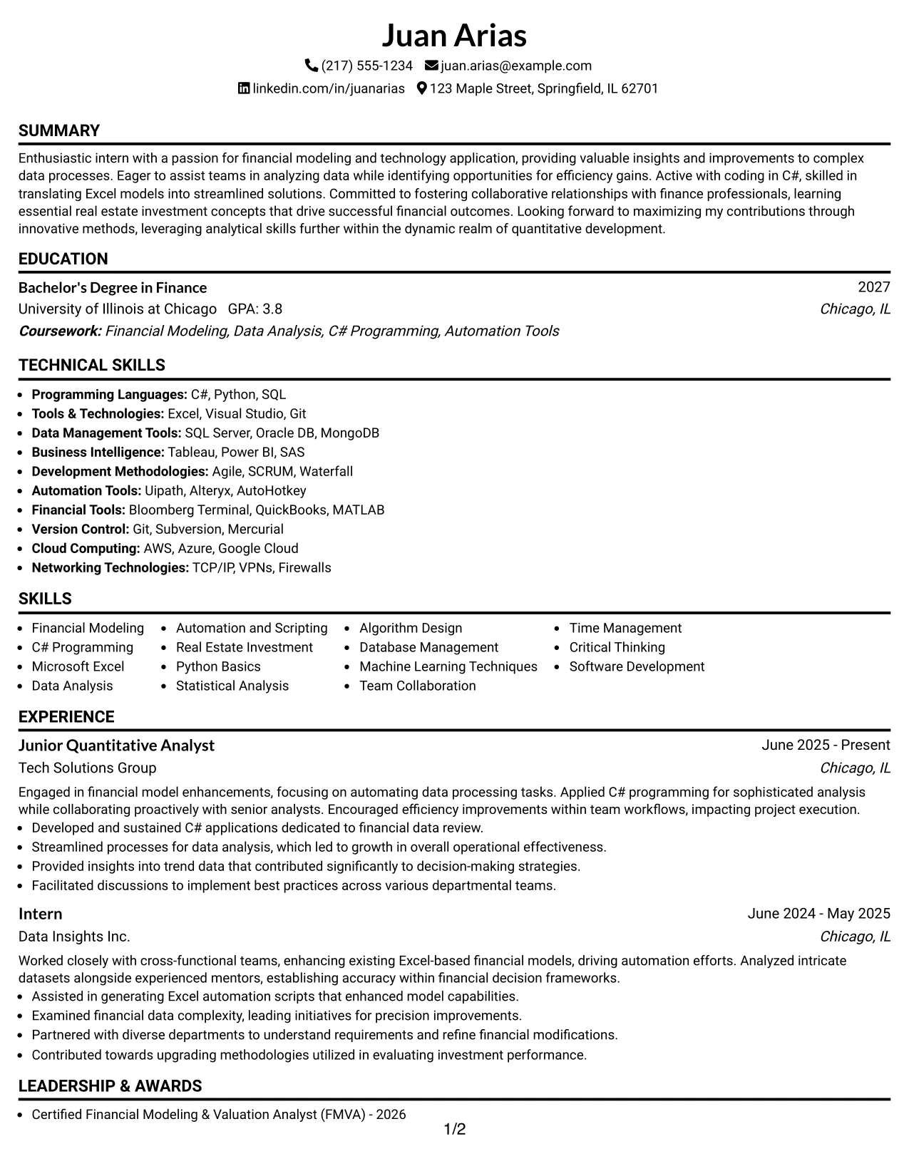 Resume Example Page 1