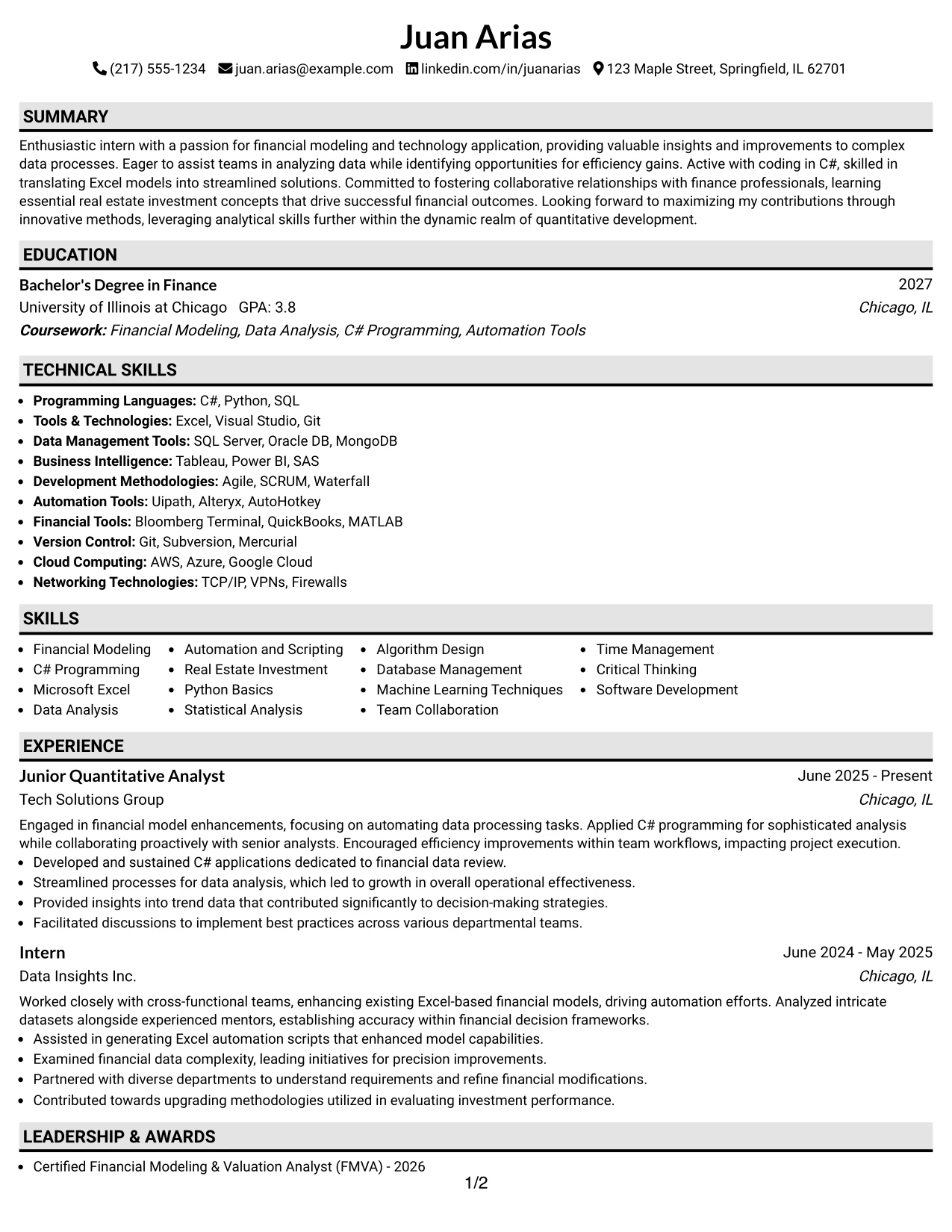 Resume Example Page 1